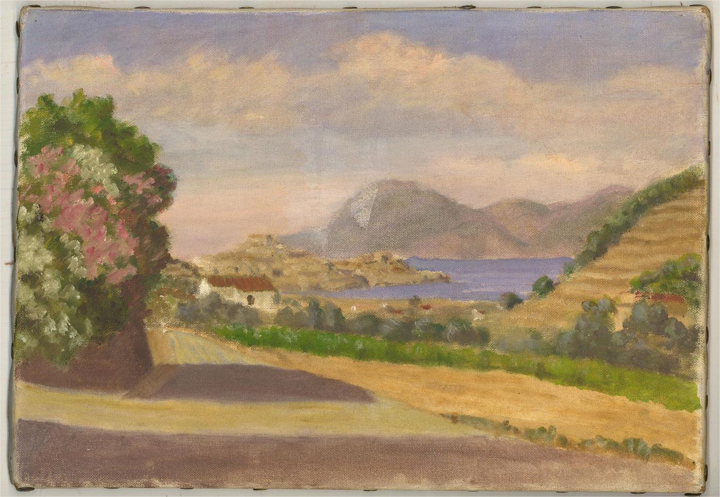 An impressionist study of a summer landscape with distant lake, surrounded by mountains. To the reverse, there is a printed booklet from the Galerie Heim-Turcat. This is not the original booklet. Unsigned. On canvas on stretchers.
