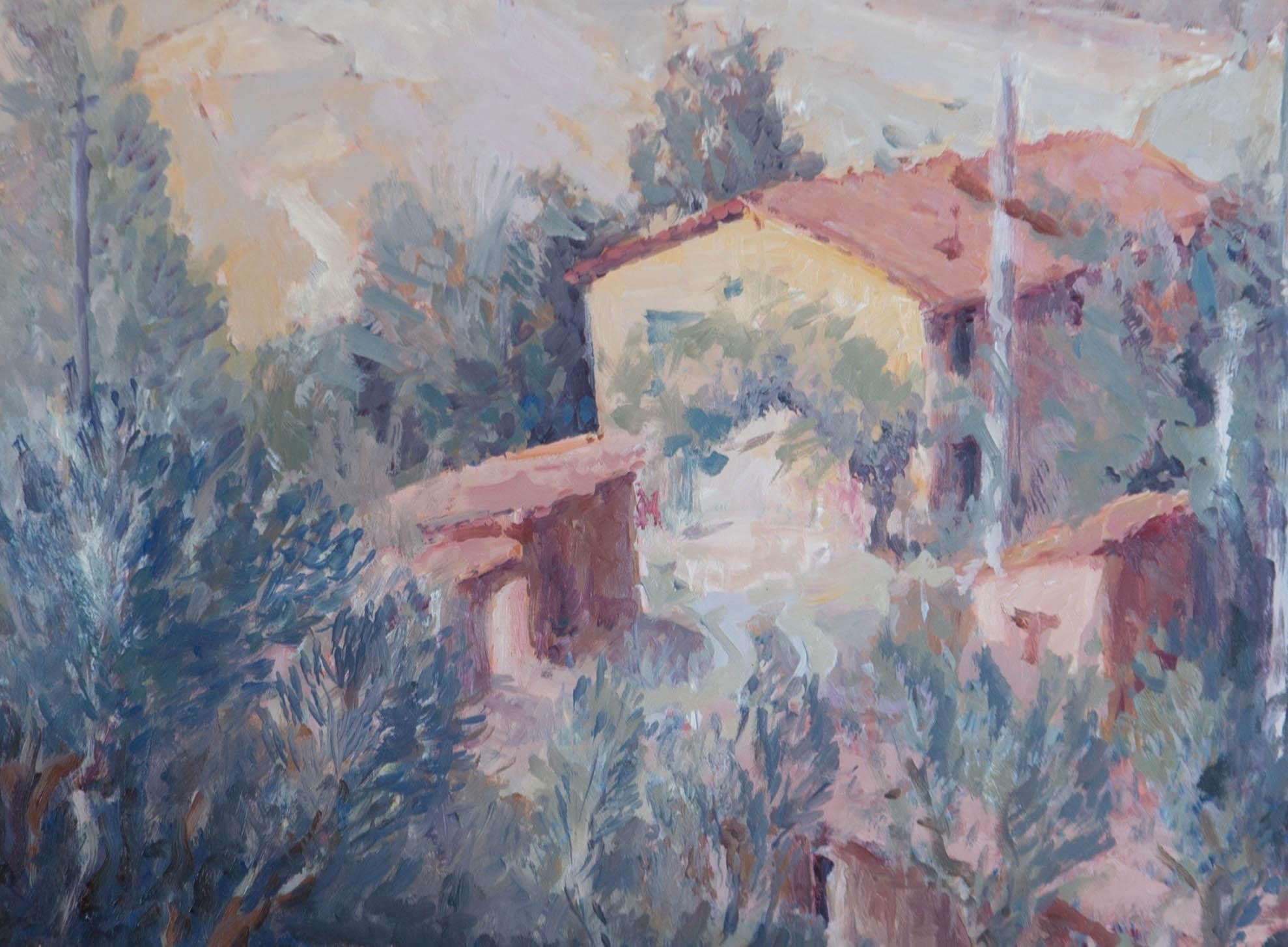 A view of farm buildings surrounded by olive trees, possibly in Italy. Presented glazed in a cream wash line mount and a thin gilt-effect wooden frame. Unsigned. There is a label on the verso which includes the name of the artist. On board.

