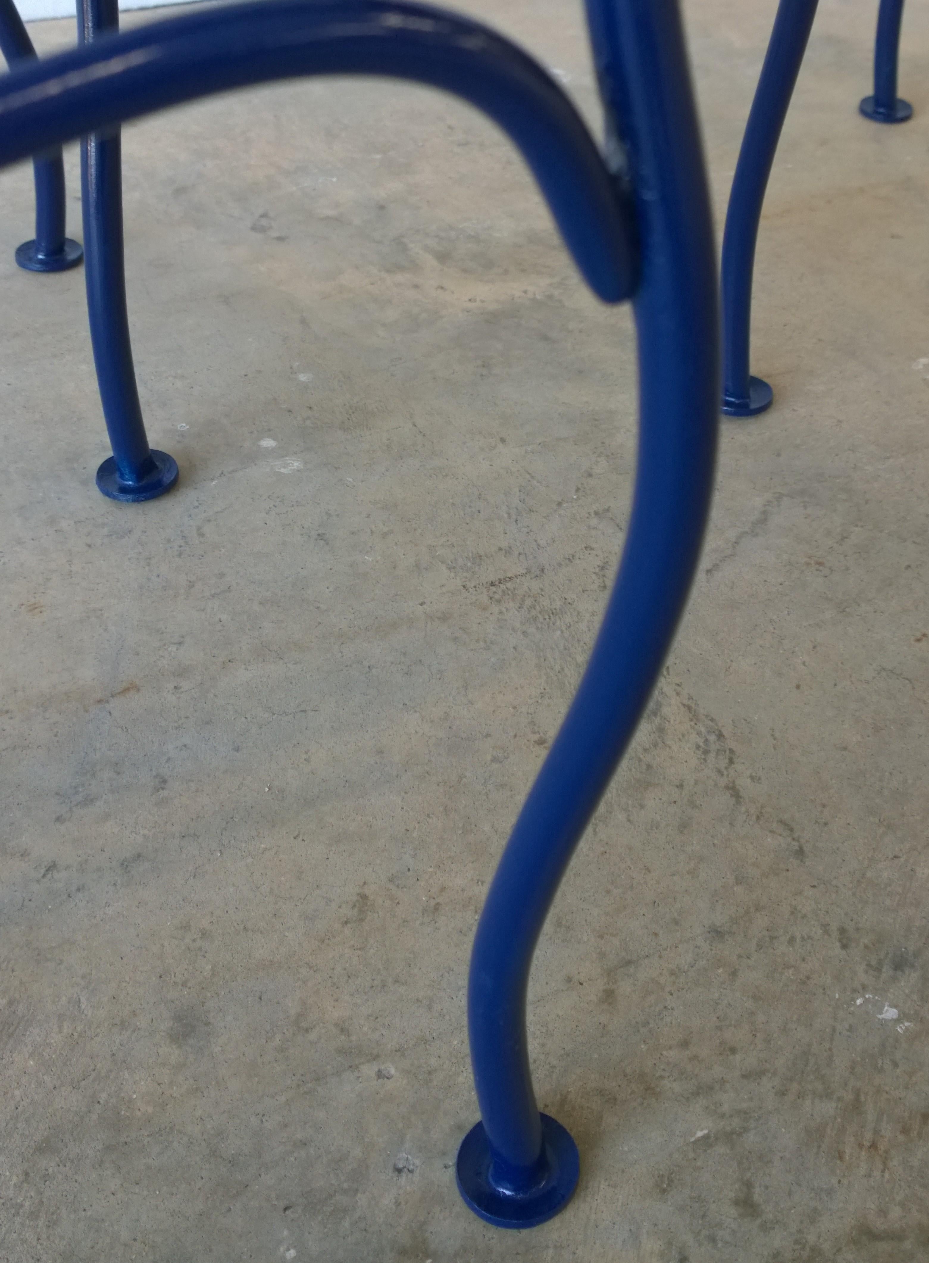 John Salterini Attributed Wrought Iron Enameled in Blue Patio/Garden Stools Pair 3