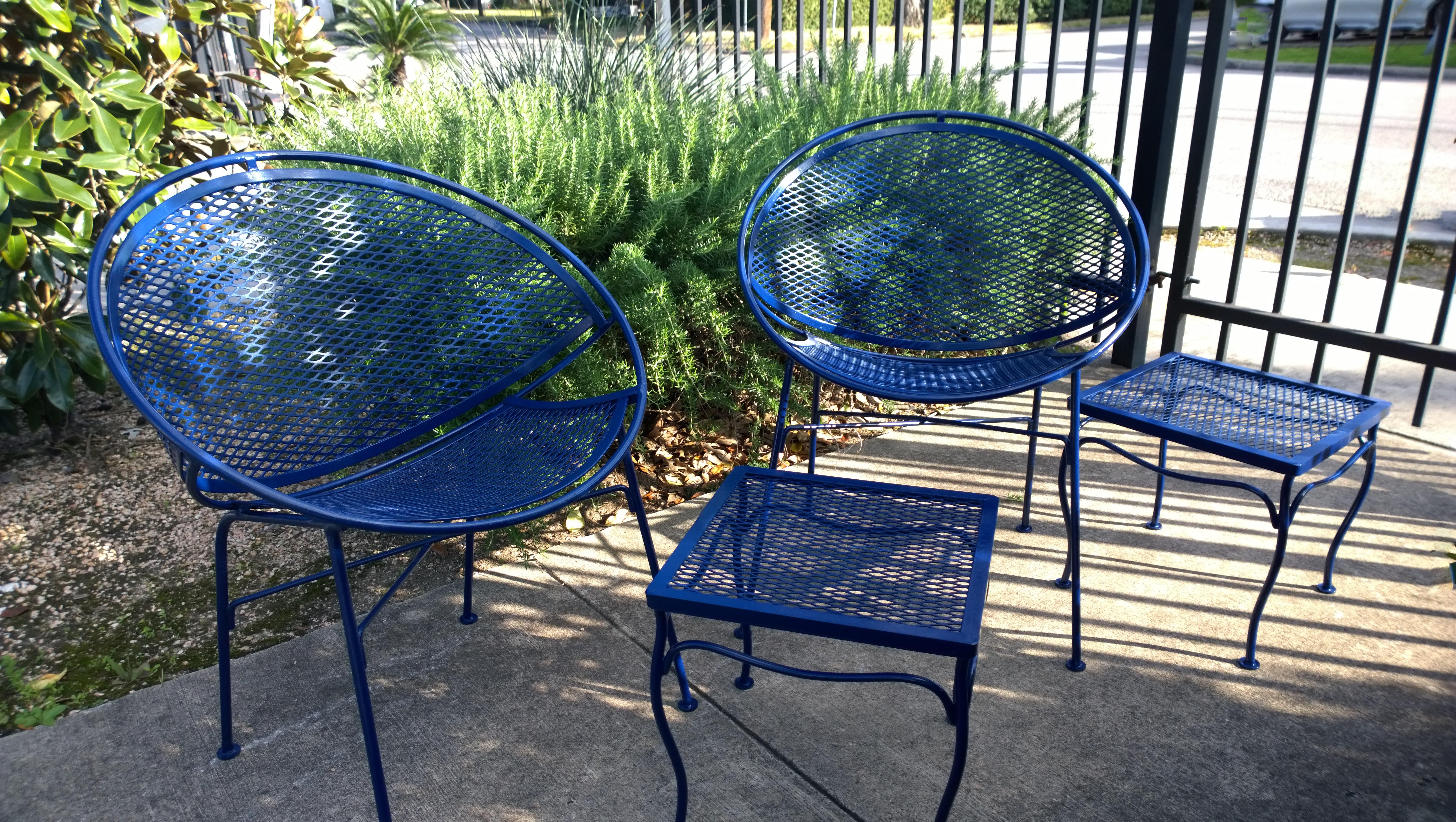 John Salterini Attributed Wrought Iron Enameled in Blue Patio/Garden Stools Pair 6