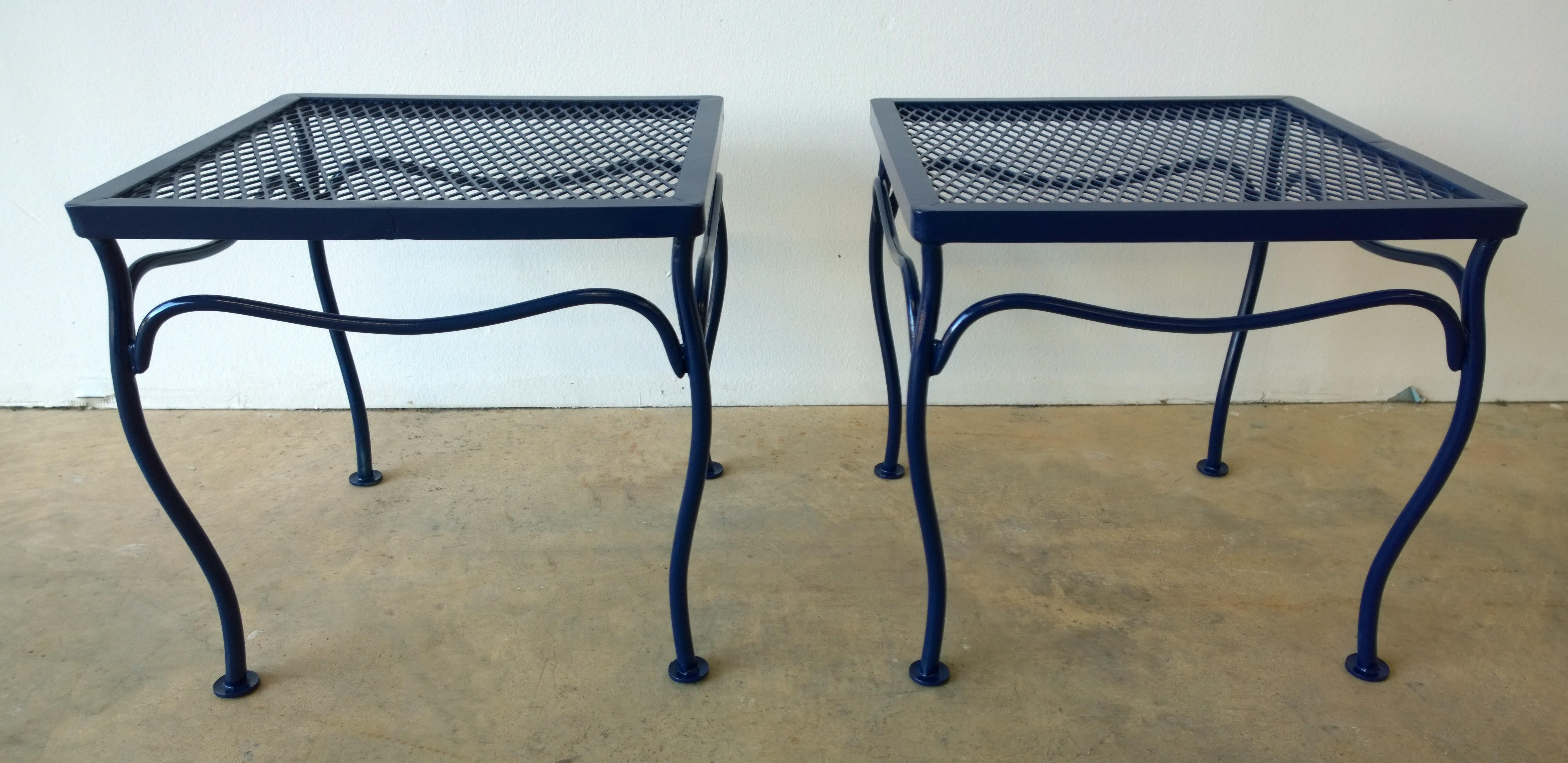Offered are a pair of John Salterini attributed Mid-Century Modern wrought iron newly enameled in Classic Blue patio / garden stool. These nice little foot or drinks stools work well with several Salterini chairs that can be viewed on the MrsPK&OZ
