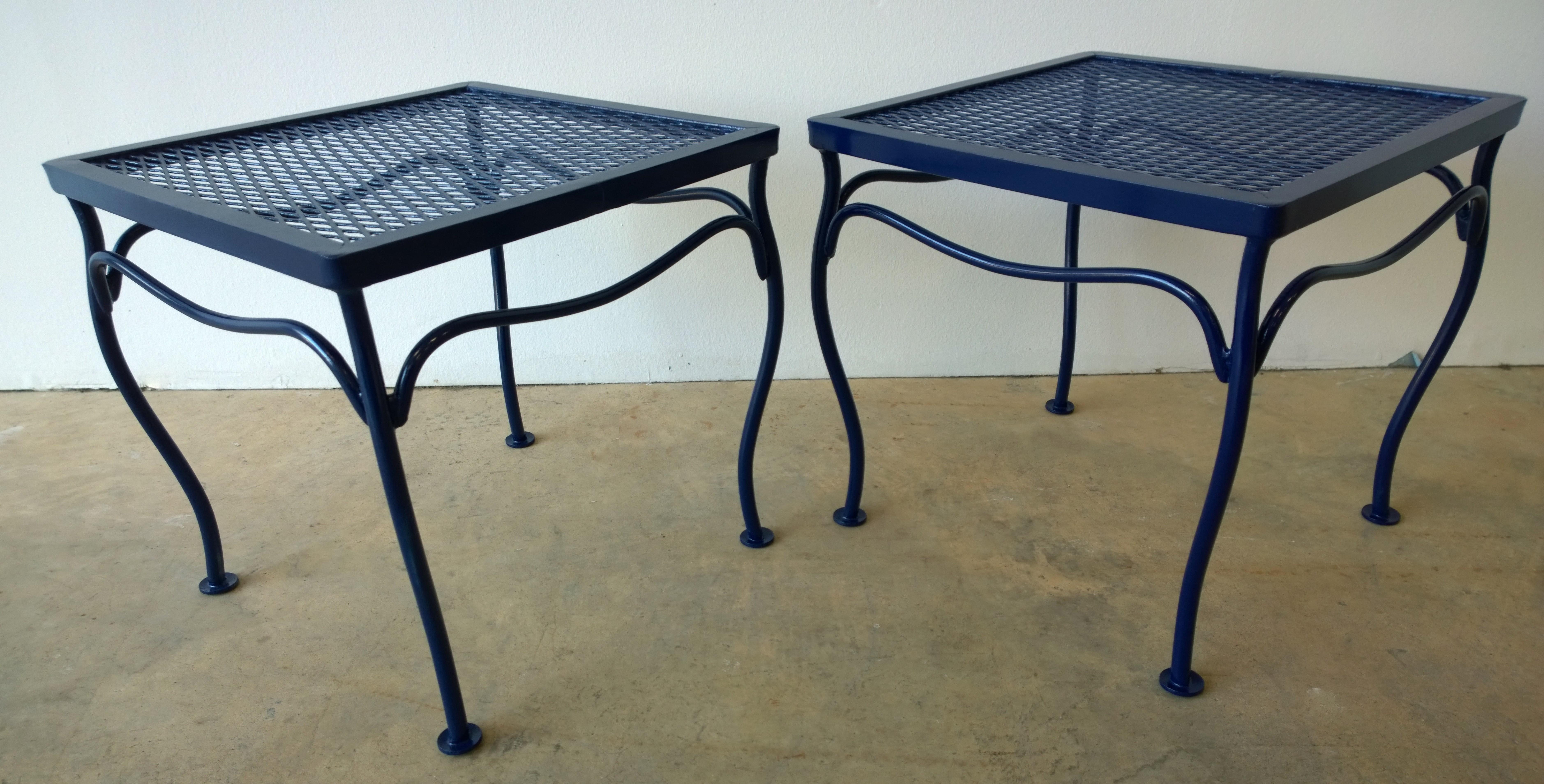 American John Salterini Attributed Wrought Iron Enameled in Blue Patio/Garden Stools Pair