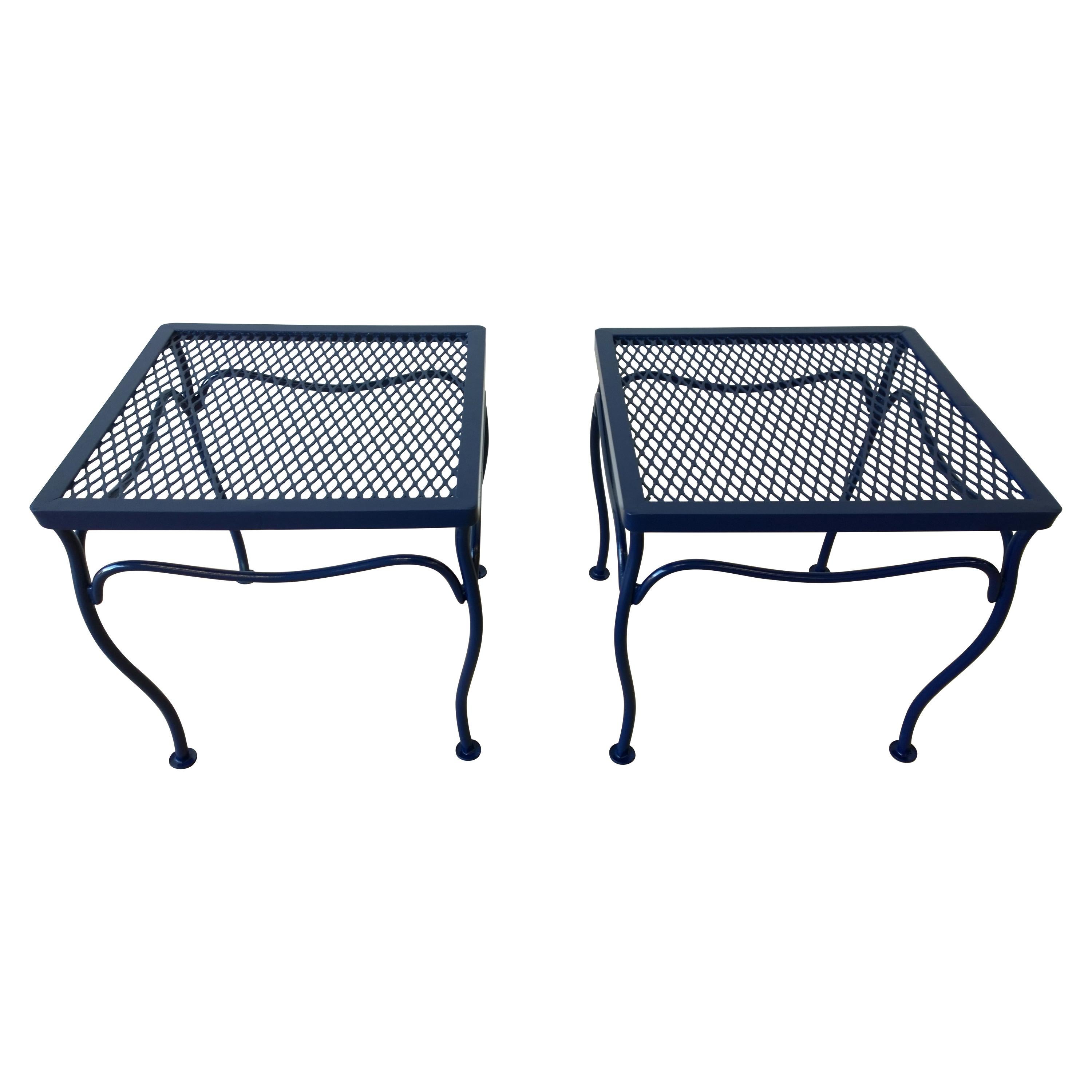 John Salterini Attributed Wrought Iron Enameled in Blue Patio/Garden Stools Pair