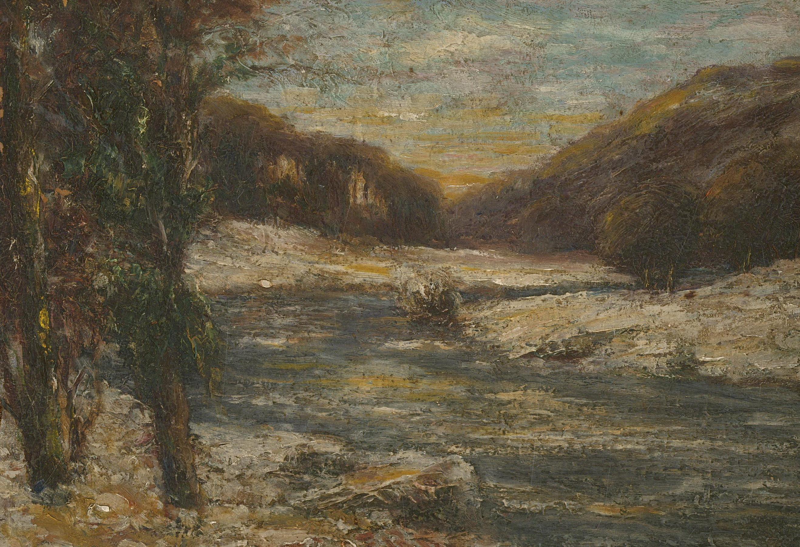 A harsh impasto depicts the last rays of the sun hitting a rocky river in this wintery scene.

This artwork well presented in a linen frame with a gilded border leading to a cream slip.

The painting is distinctly signed in the middle of the bottom