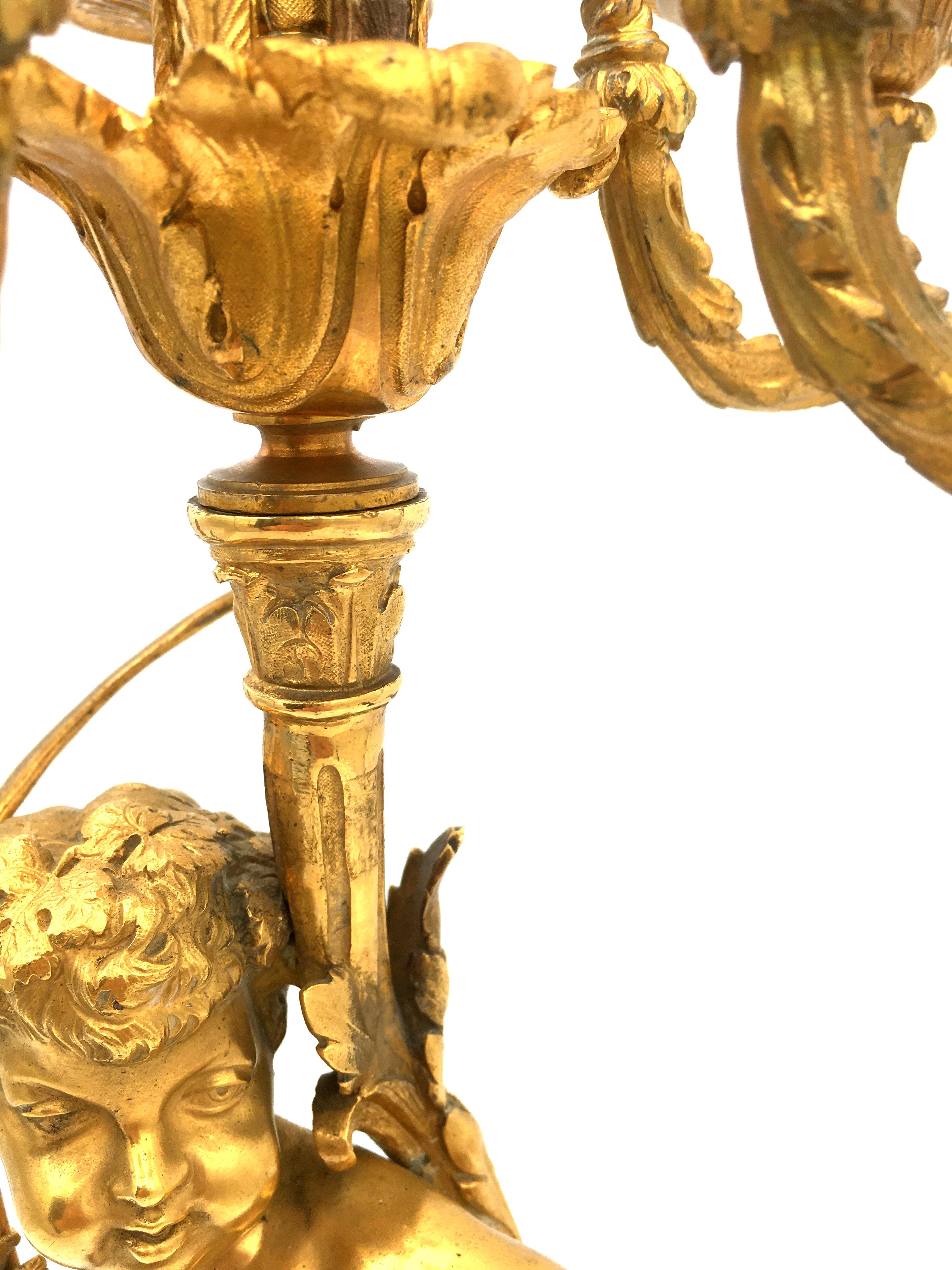 CLODION - French Pair of Candelabra Ormolu & Red Marble with Putti - 19th France For Sale 3