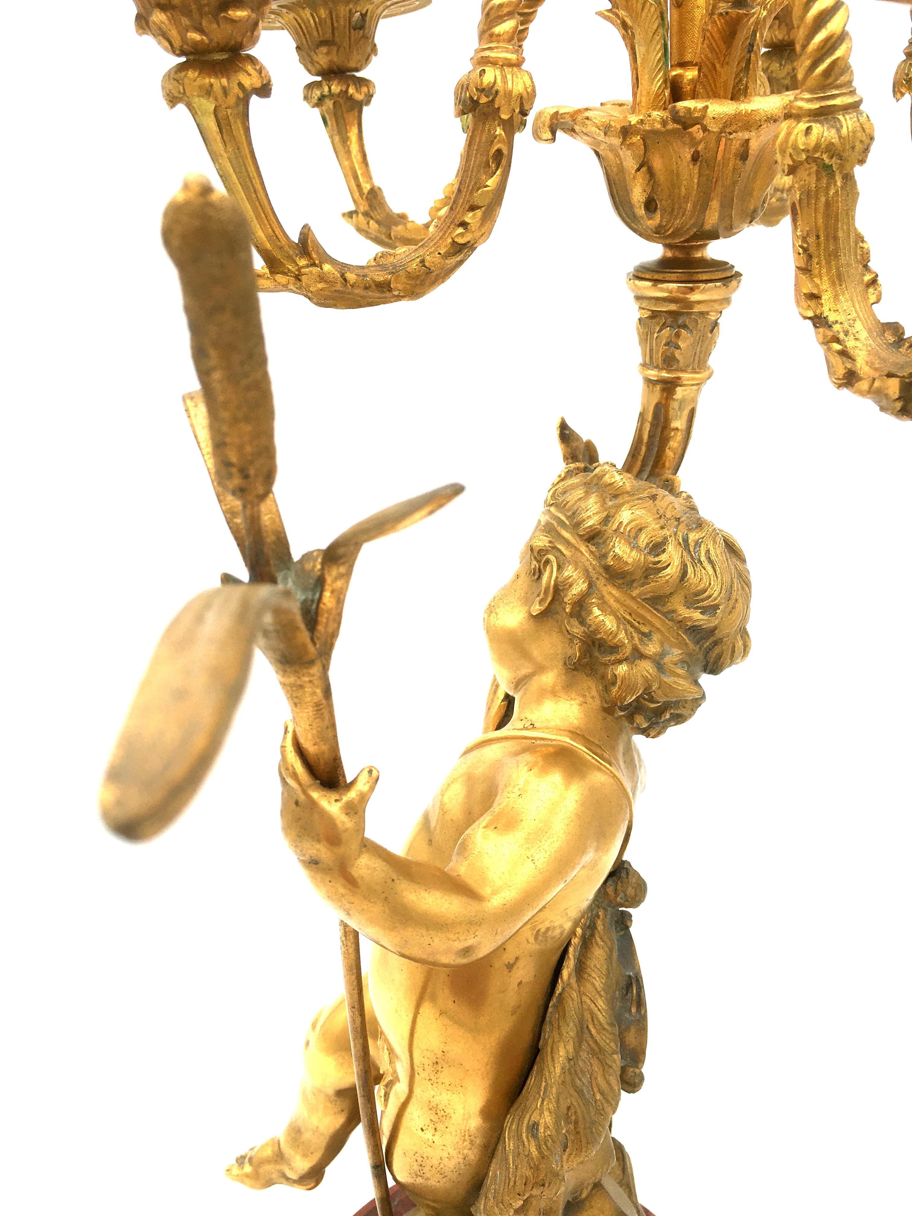 CLODION - French Pair of Candelabra Ormolu & Red Marble with Putti - 19th France In Good Condition For Sale In Beuzevillette, FR
