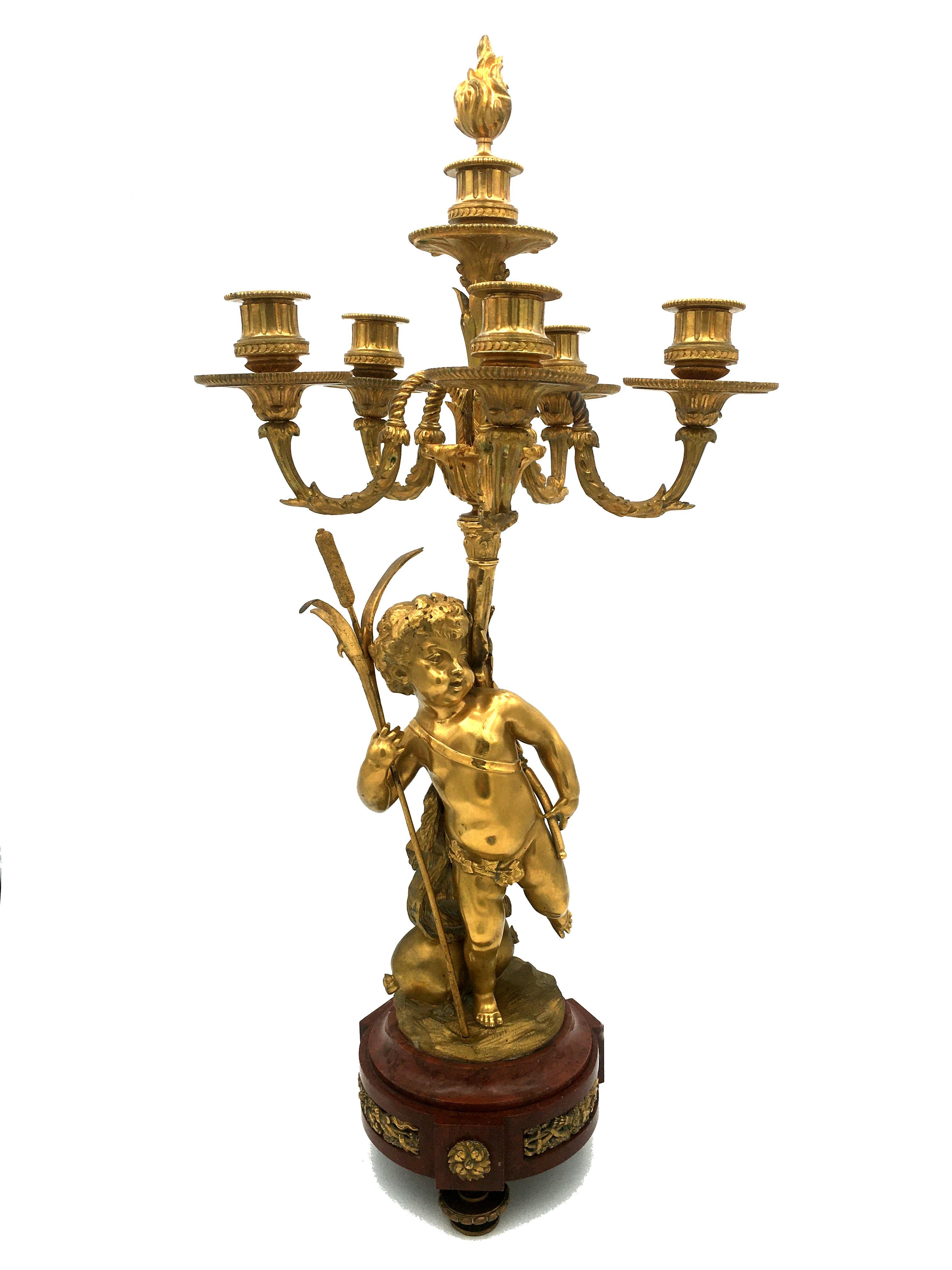 CLODION - Paire de candélabres en bronze doré et marbre rouge avec Putti - 19ème France en vente 1