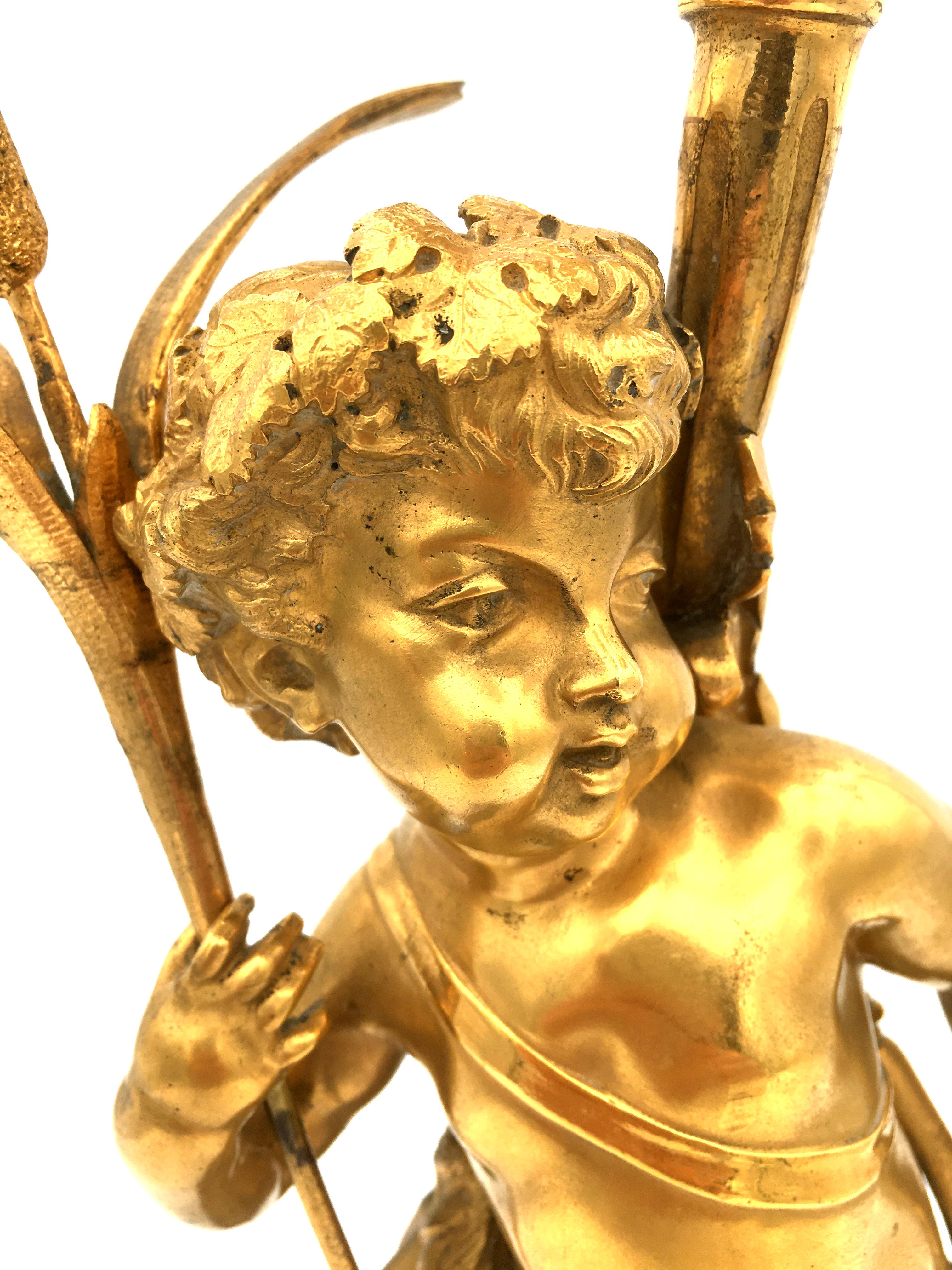 CLODION - Paire de candélabres en bronze doré et marbre rouge avec Putti - 19ème France en vente 12