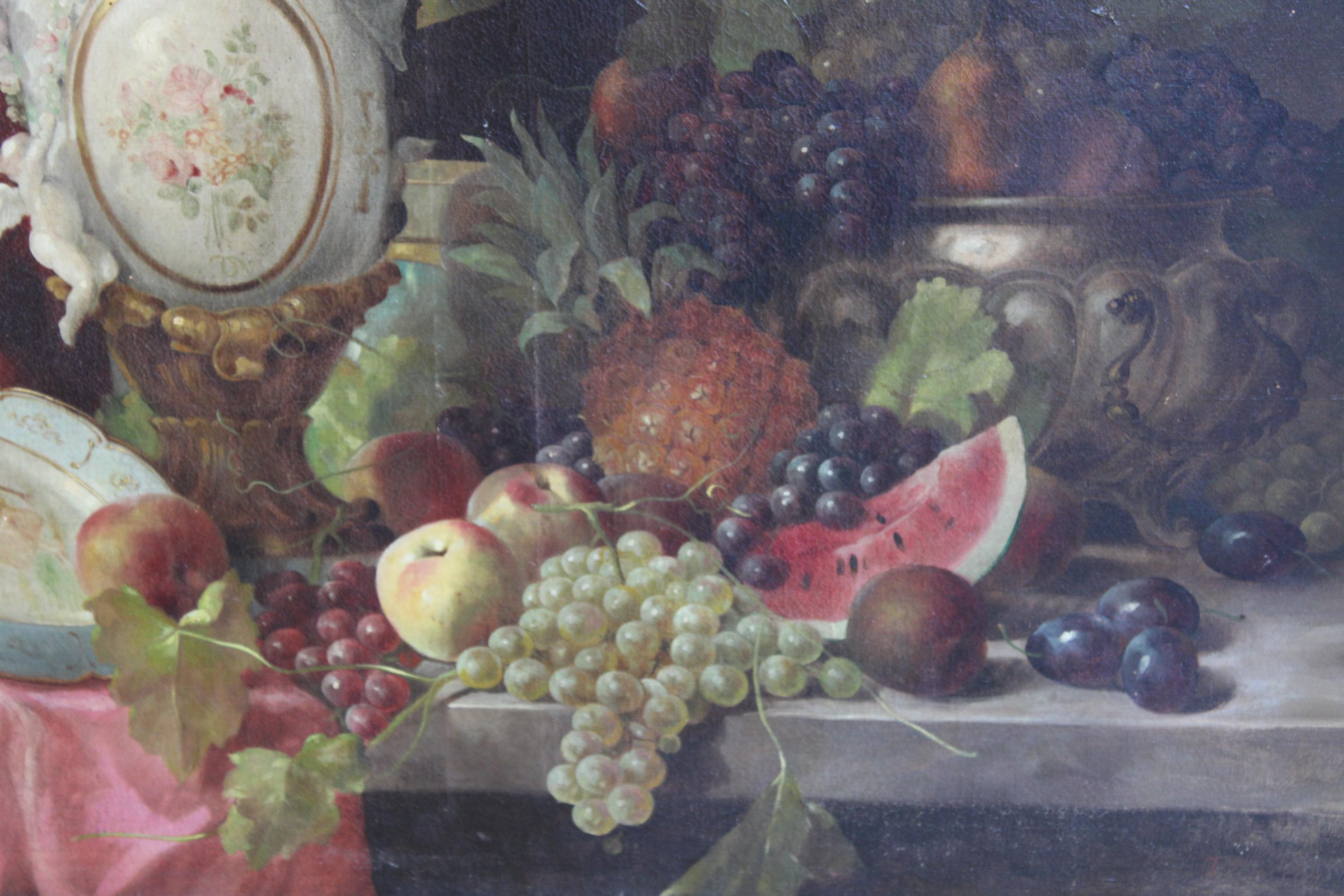 Oiled Alois Zabehlicky 'Vienna 1883-1962'Still Life with Roses and Fruits For Sale