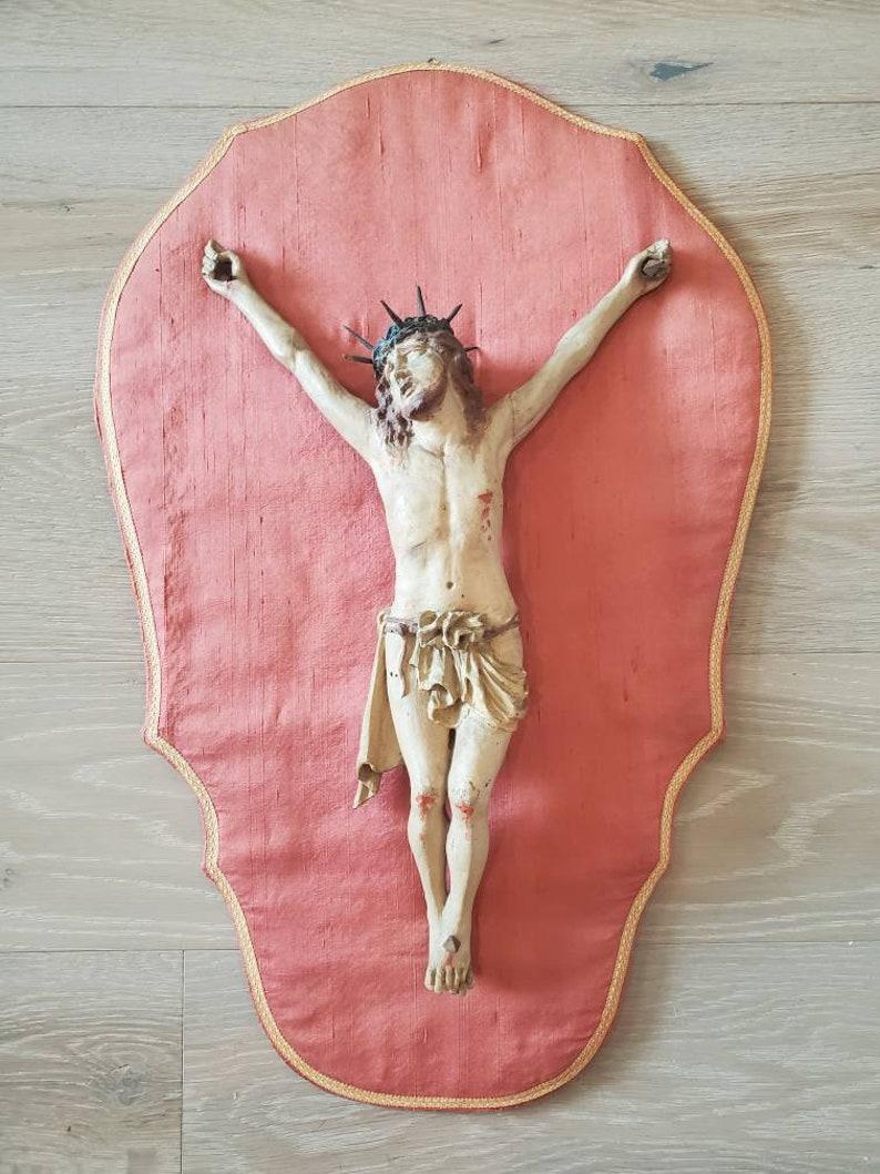 A scarce Baroque Period Spanish altarpiece retablo / reredo, by (attributed) Luis Salvador Carmona (1708-1767), depicting thorn crowned Christ crucified / Cristo crucificado hand carved, polychromed wood with forged iron nails, mounted on later