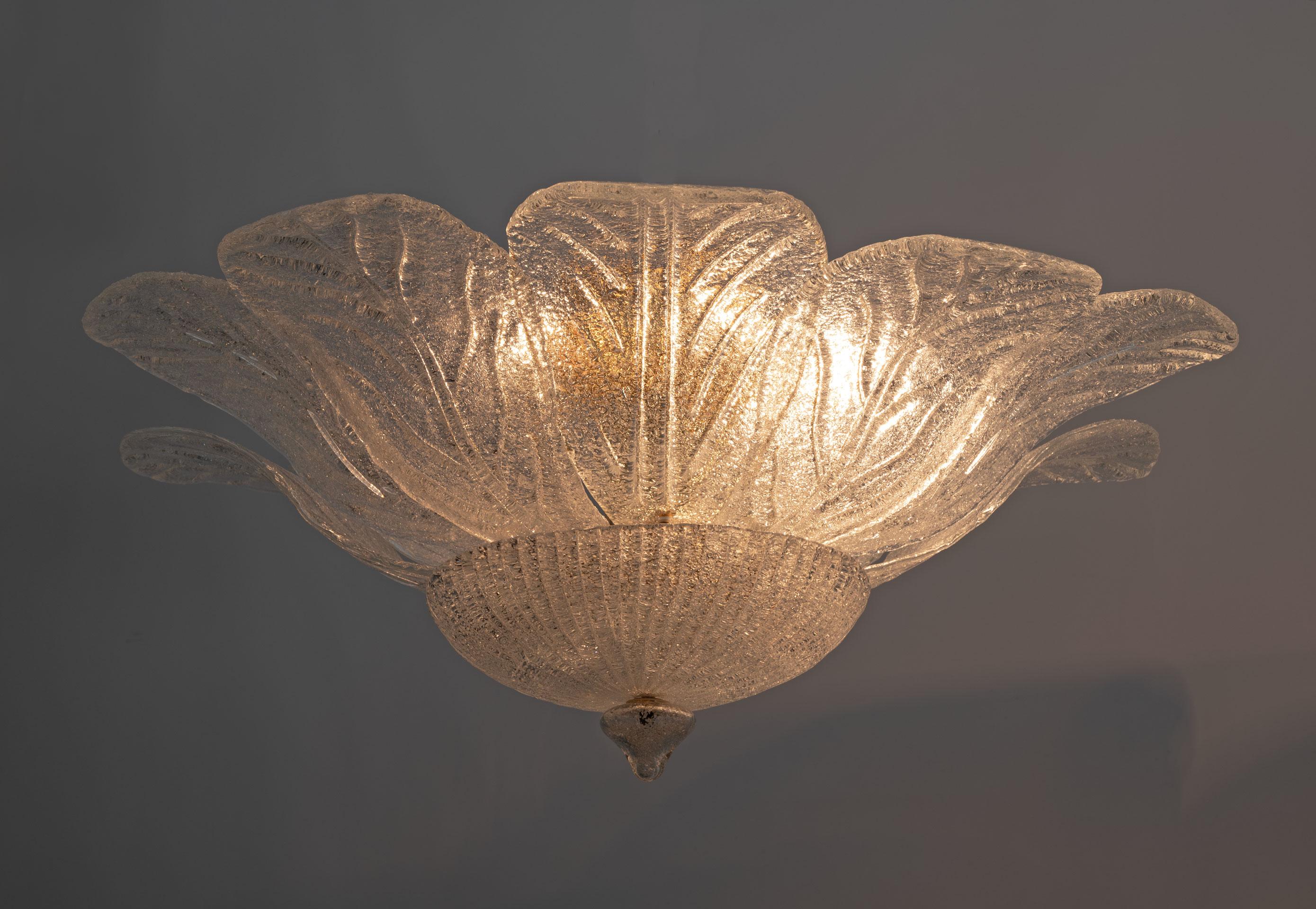 Mid-Century Modern Attributed Barovier & Toso Mid-Century Brass and Murano Glass Ceiling Light, 70s For Sale