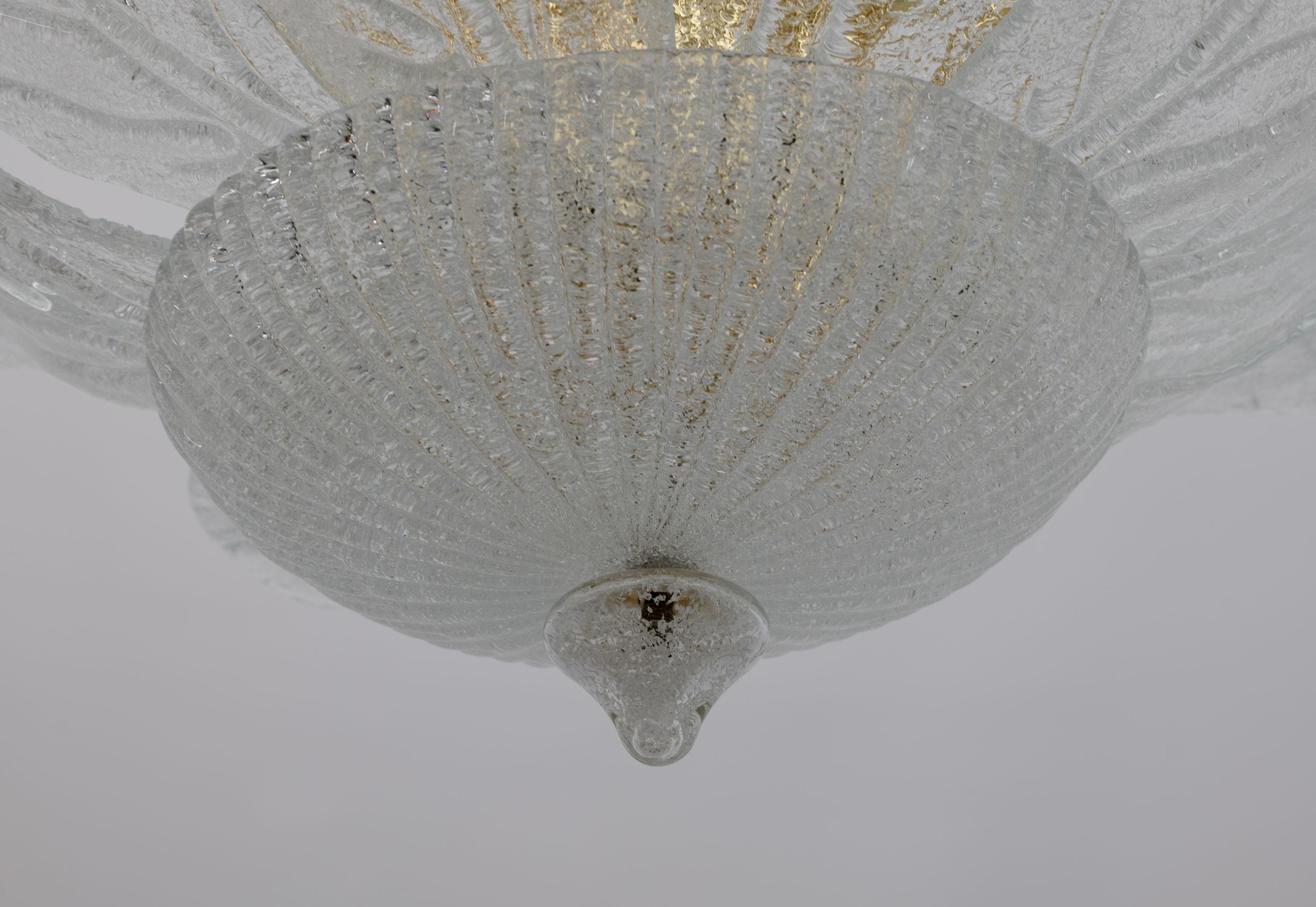 Late 20th Century Attributed Barovier & Toso Mid-Century Brass and Murano Glass Ceiling Light, 70s For Sale