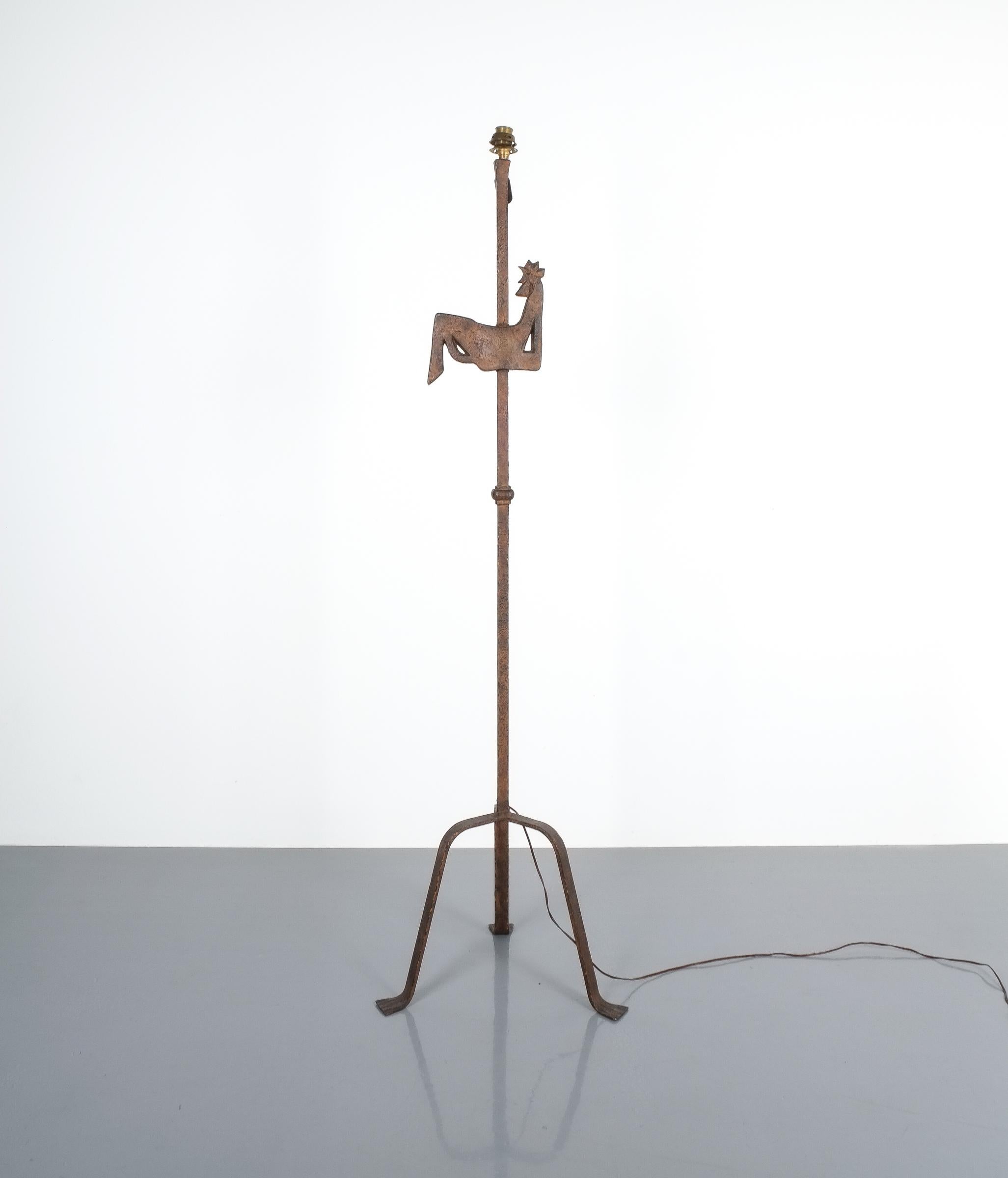 Attributed Jean Touret for Atelier Marolles wrought iron floor lamp, France, circa 1955. Rare 56