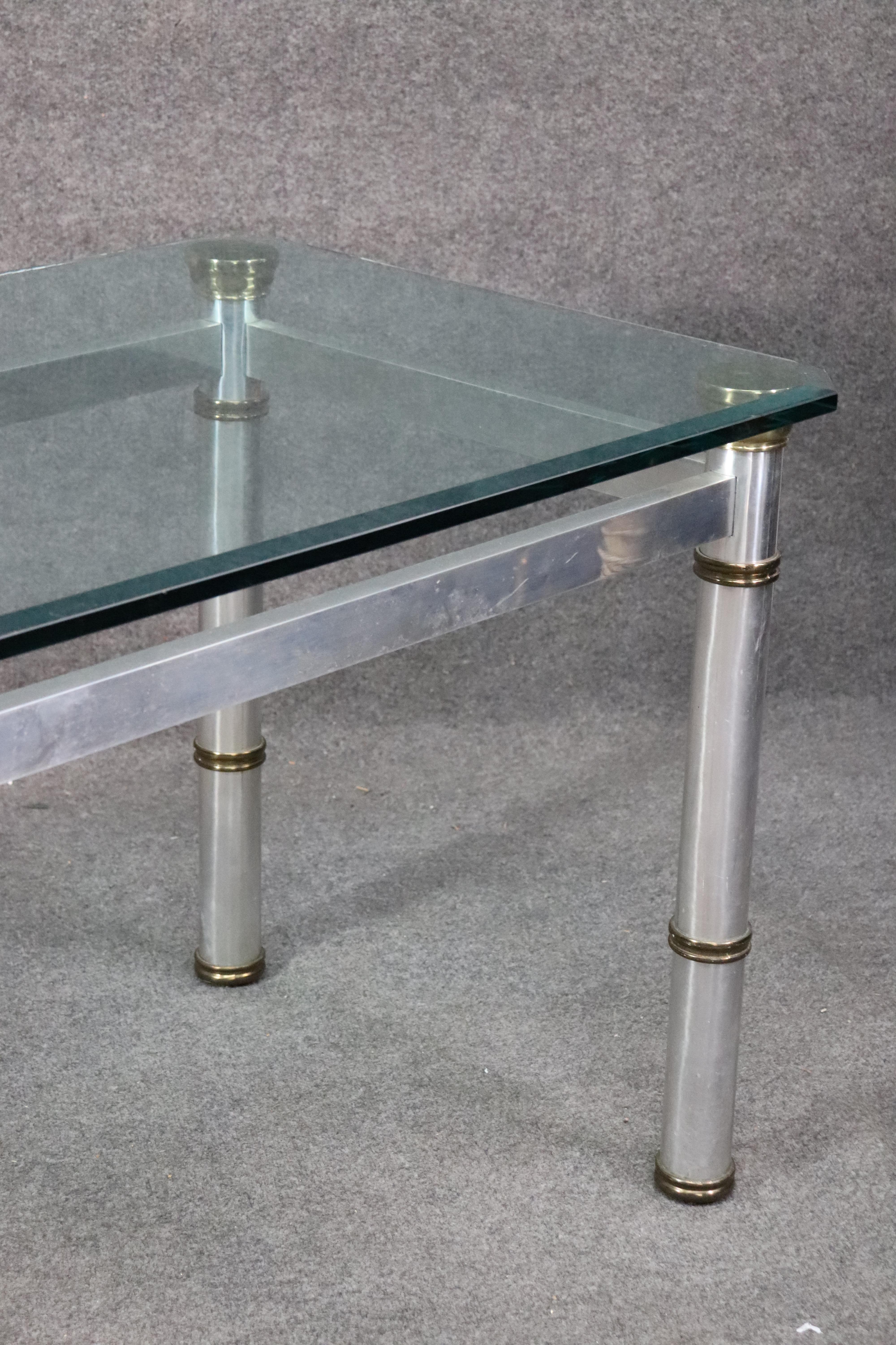 French Attributed John Vesey Brass and Glass Metal Dining Table with Beveled Glass Top For Sale