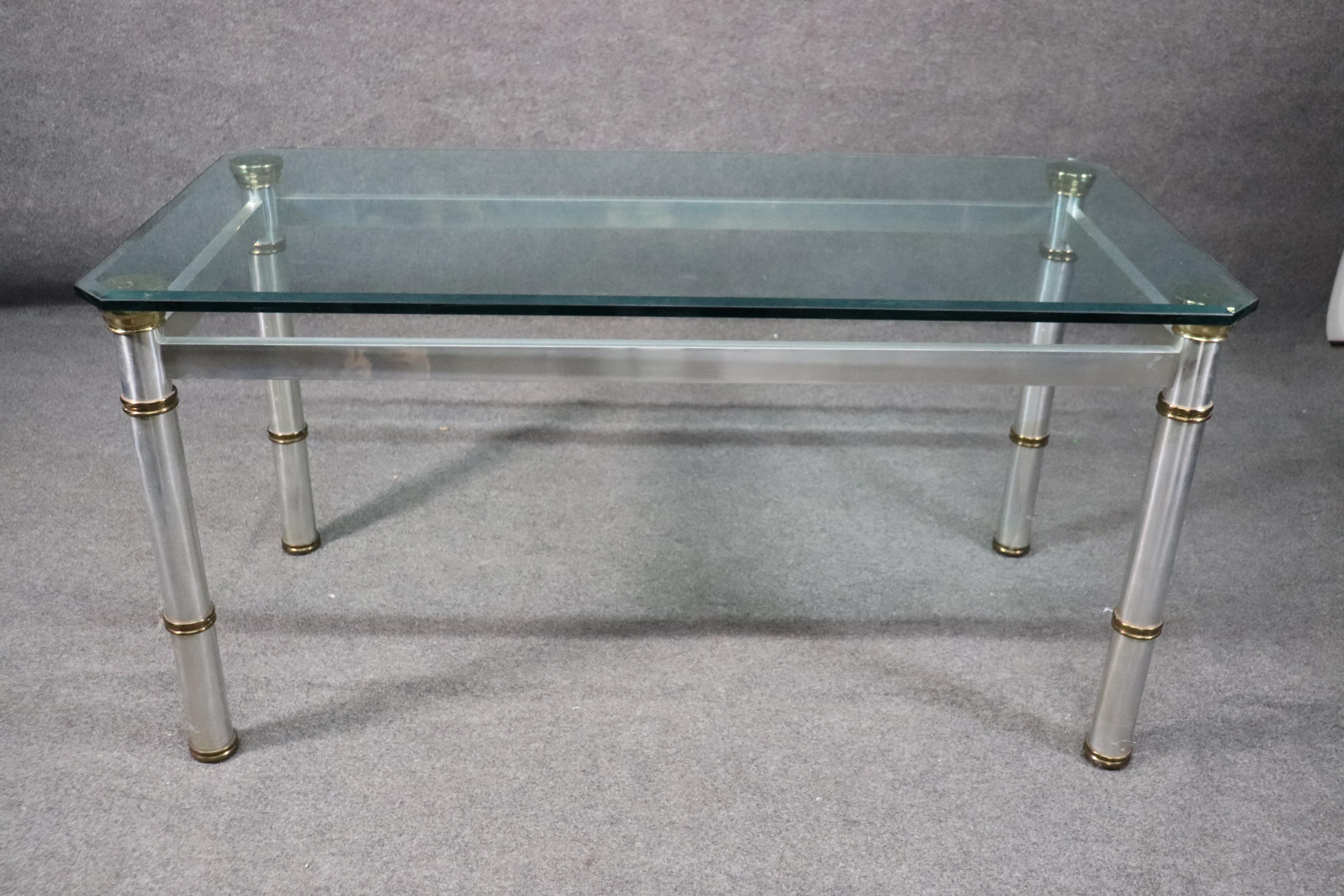 Mid-20th Century Attributed John Vesey Brass and Glass Metal Dining Table with Beveled Glass Top For Sale