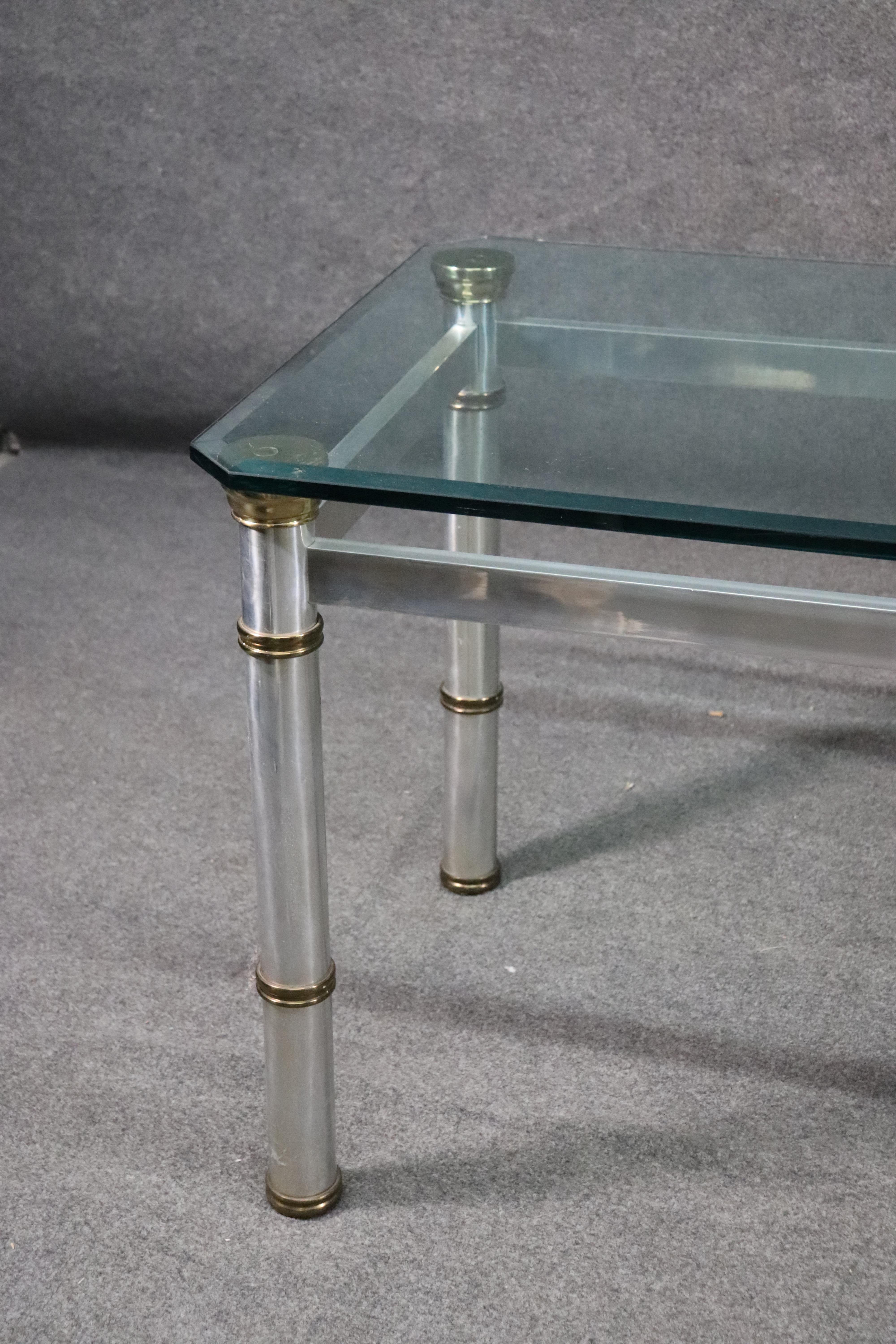 Aluminum Attributed John Vesey Brass and Glass Metal Dining Table with Beveled Glass Top For Sale