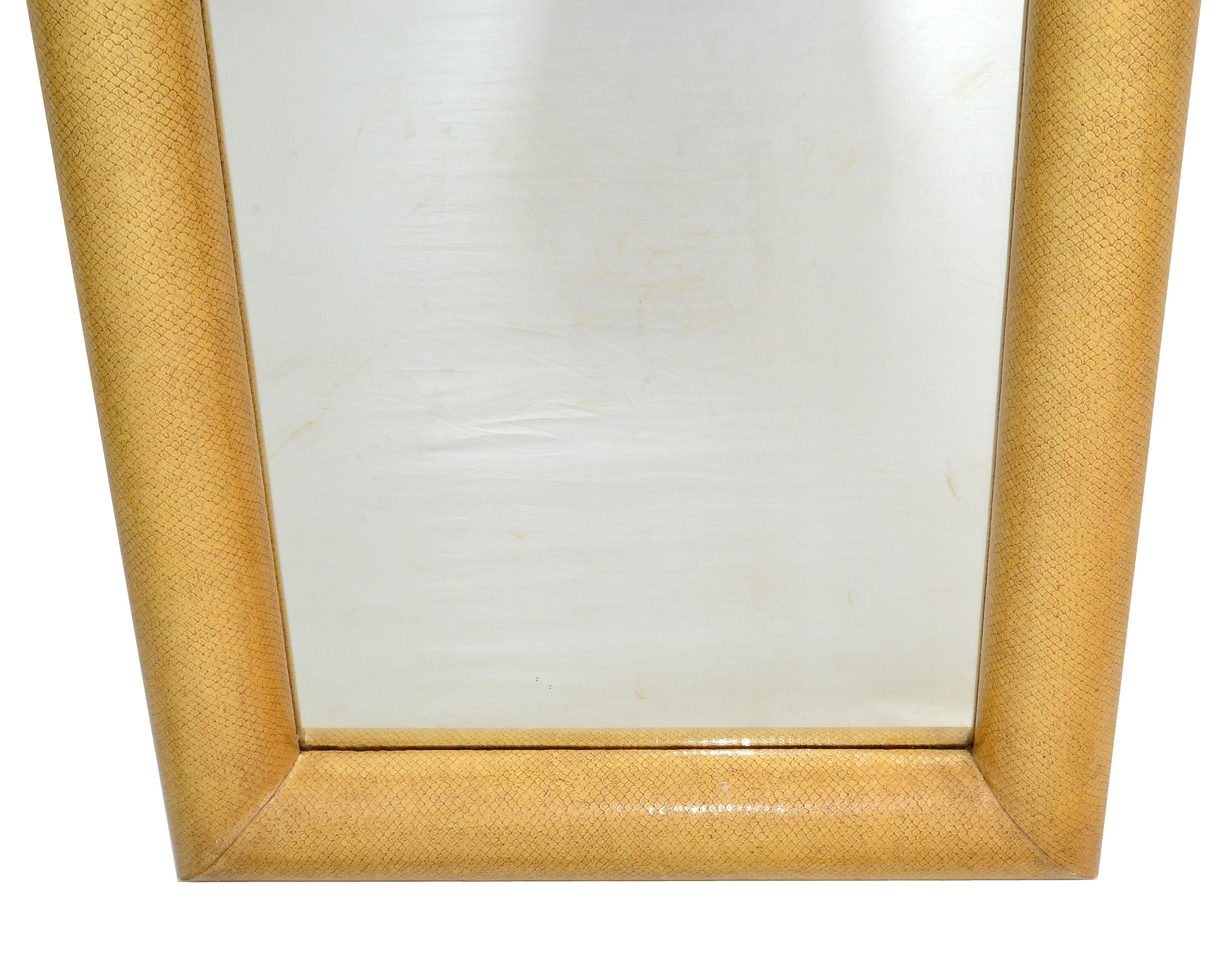 Wood Attributed Karl Springer Rectangular Wall Mirror Snakeskin Mid-Century Modern 70 For Sale