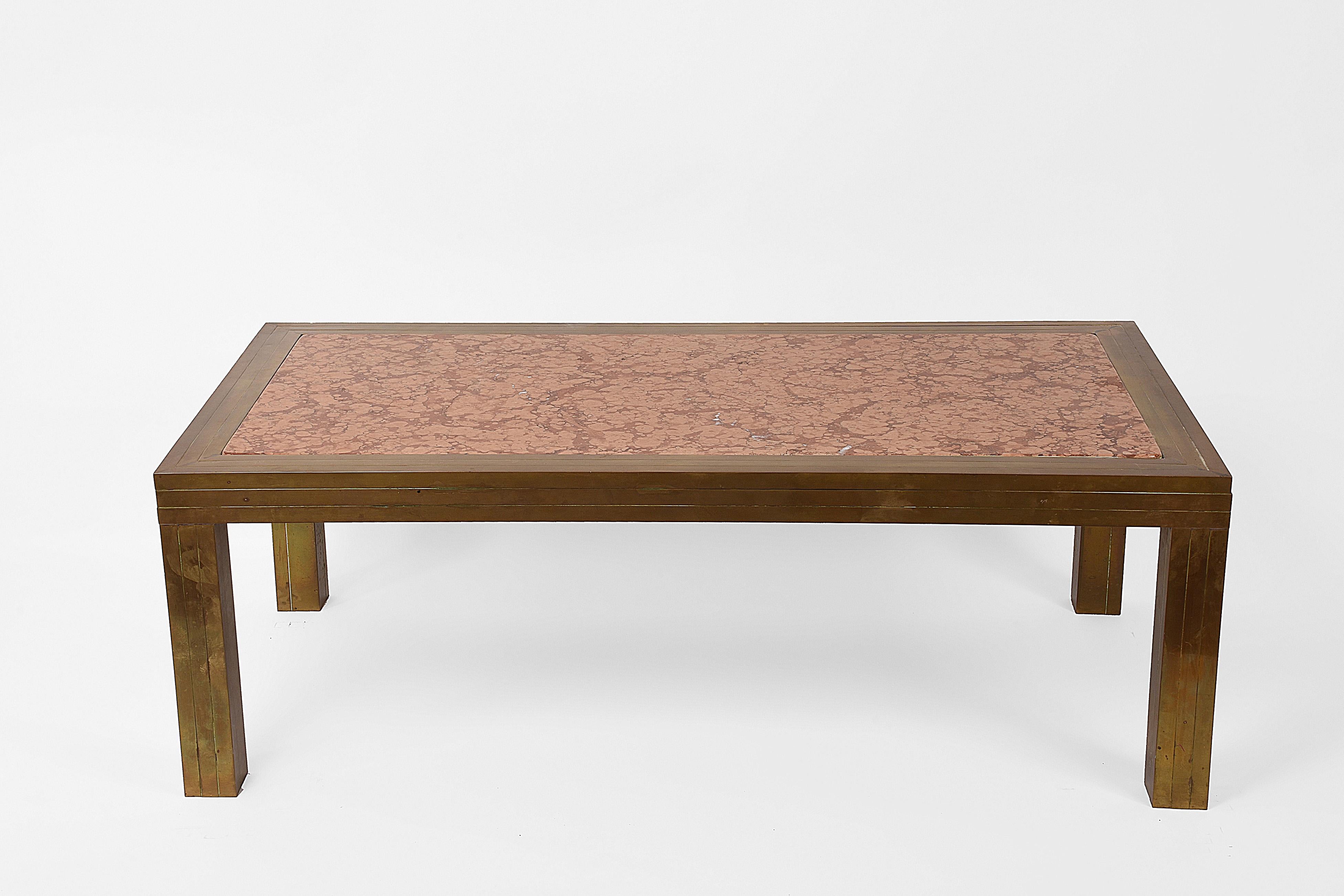  Coffee Table, Brass and Marble Red Verona Mid-Century Modern, Italy In Good Condition In Roma, IT