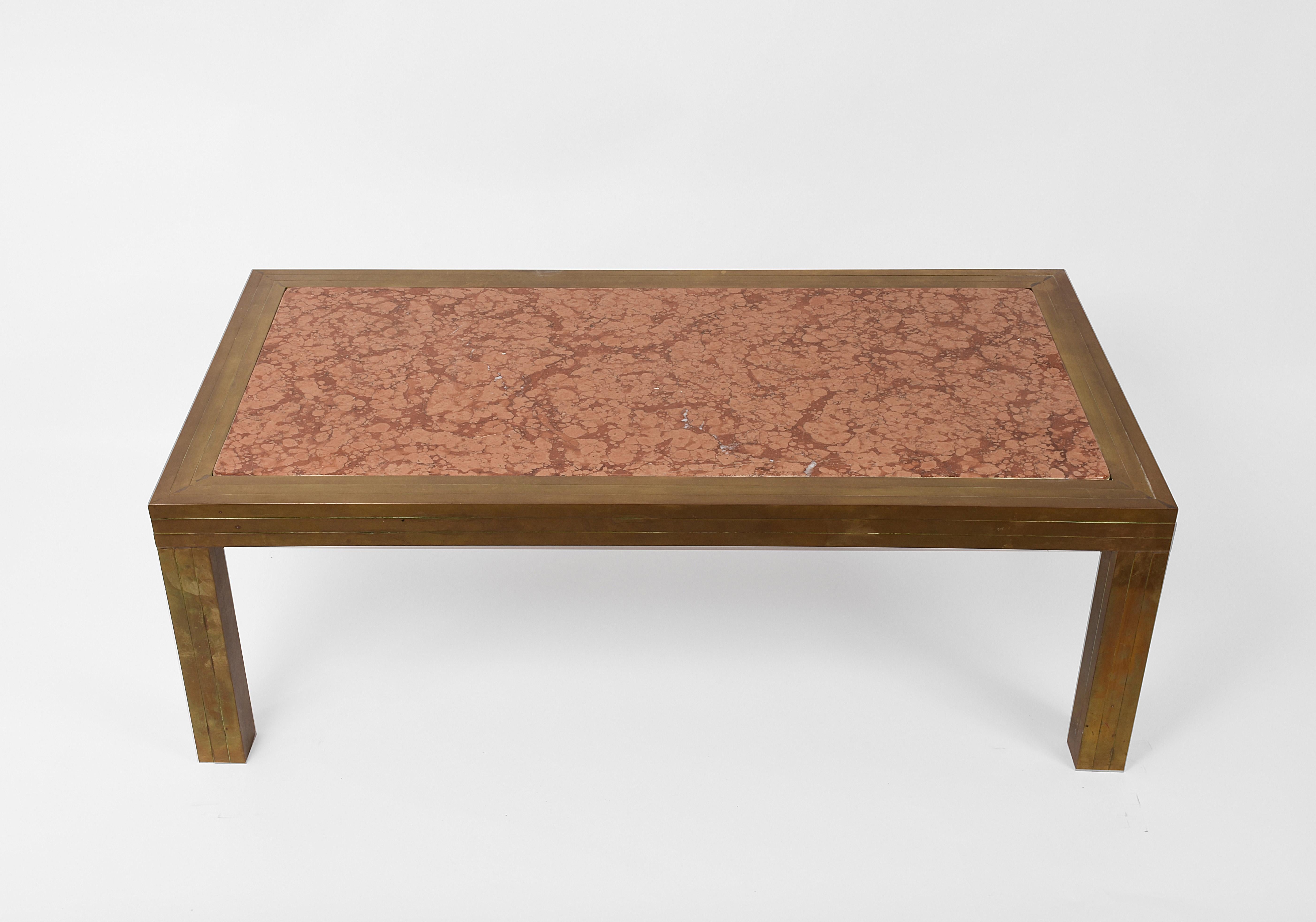 Late 20th Century  Coffee Table, Brass and Marble Red Verona Mid-Century Modern, Italy
