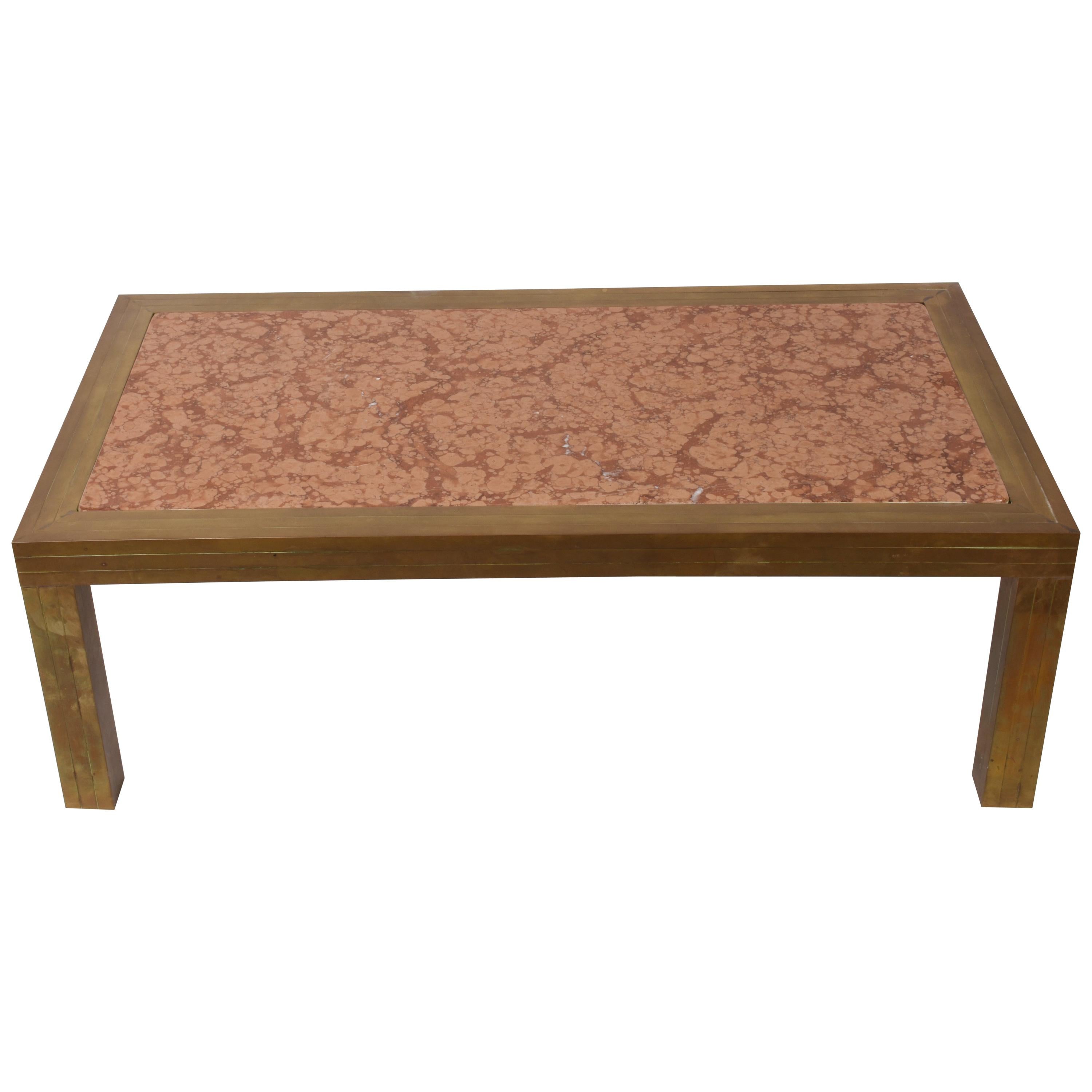  Coffee Table, Brass and Marble Red Verona Mid-Century Modern, Italy