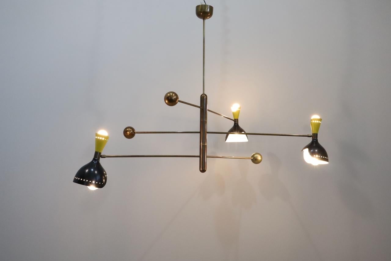Stilnovo Style Midcentury Three-Arm Brass Italian Chandelier, 1960 7