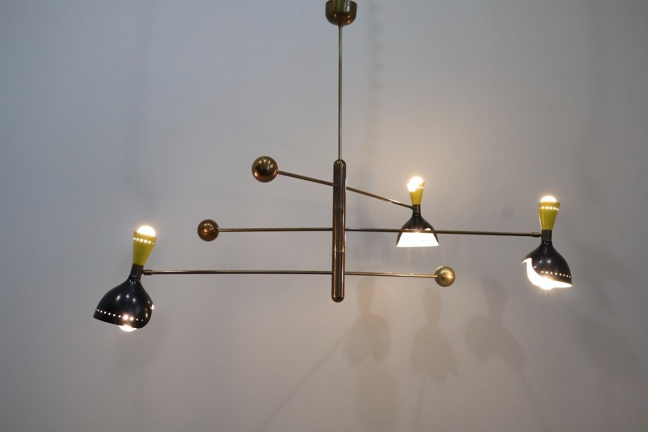 Stilnovo Style Midcentury Three-Arm Brass Italian Chandelier, 1960 8