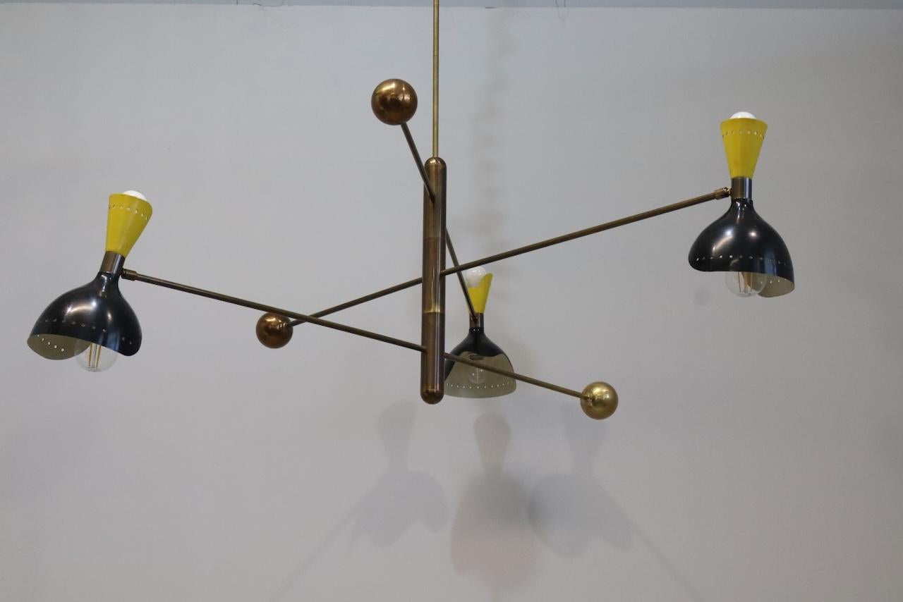 Mid-Century Modern Stilnovo Style Midcentury Three-Arm Brass Italian Chandelier, 1960