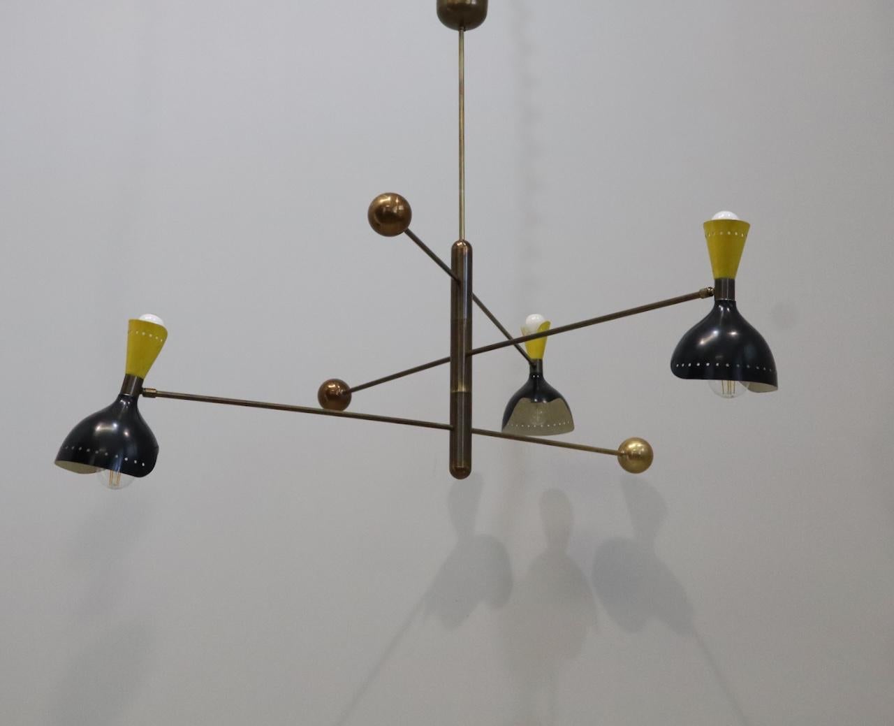 20th Century Stilnovo Style Midcentury Three-Arm Brass Italian Chandelier, 1960