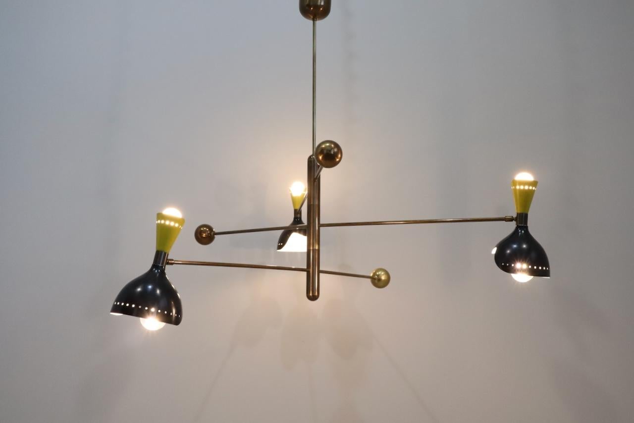 Stilnovo Style Midcentury Three-Arm Brass Italian Chandelier, 1960 2