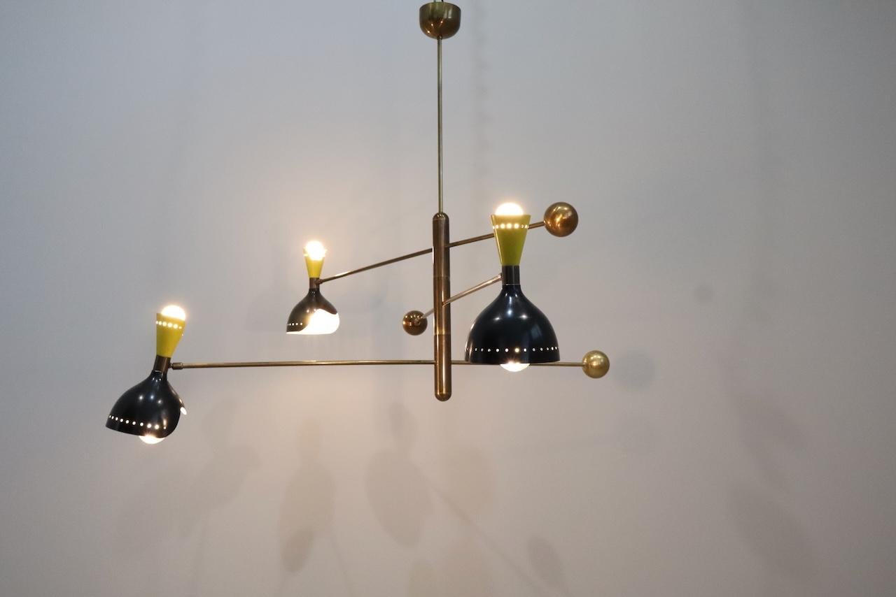 Stilnovo Style Midcentury Three-Arm Brass Italian Chandelier, 1960 4