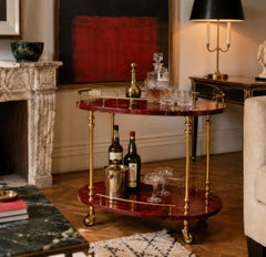 Attributed to Aldo Tura Red Goatskin and Brass Bar Cart, Italy, 1960s