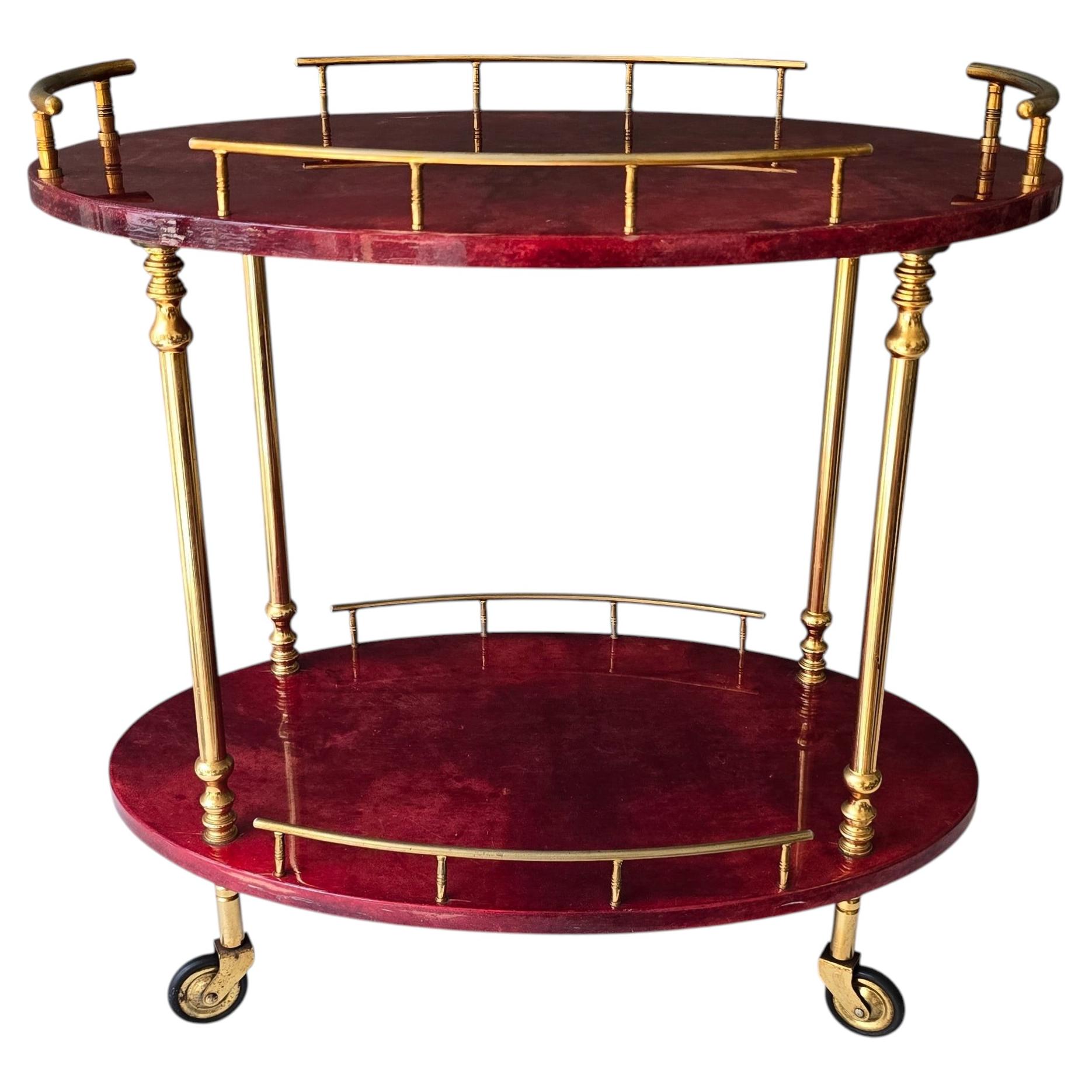 Attributed to Aldo Tura Red Goatskin and Brass Bar Cart, Italy, 1960s