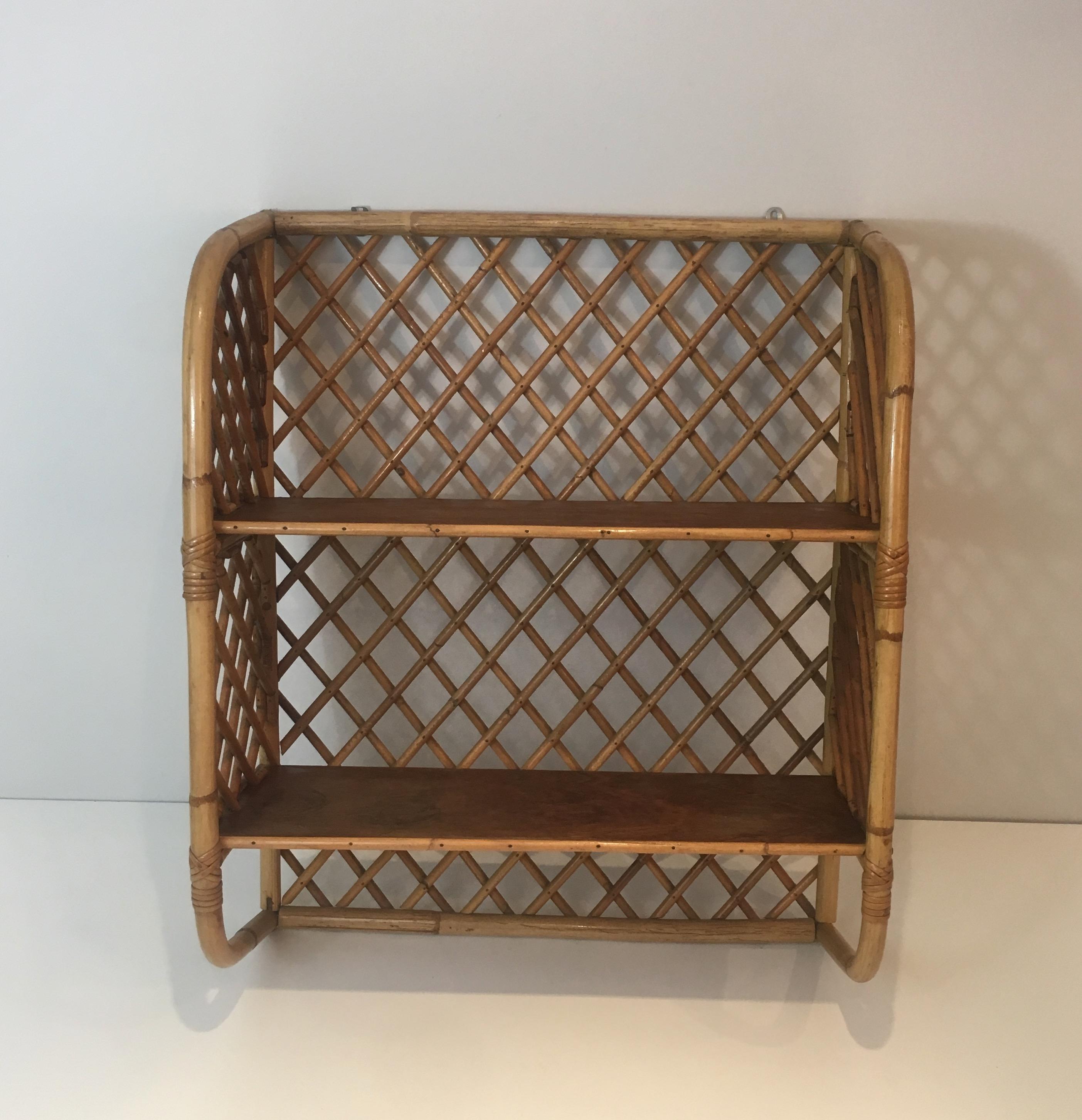 Mid-Century Modern Attributed to Audoux Minet, Rattan and Wood Wall Shelves, French, circa 1950 For Sale