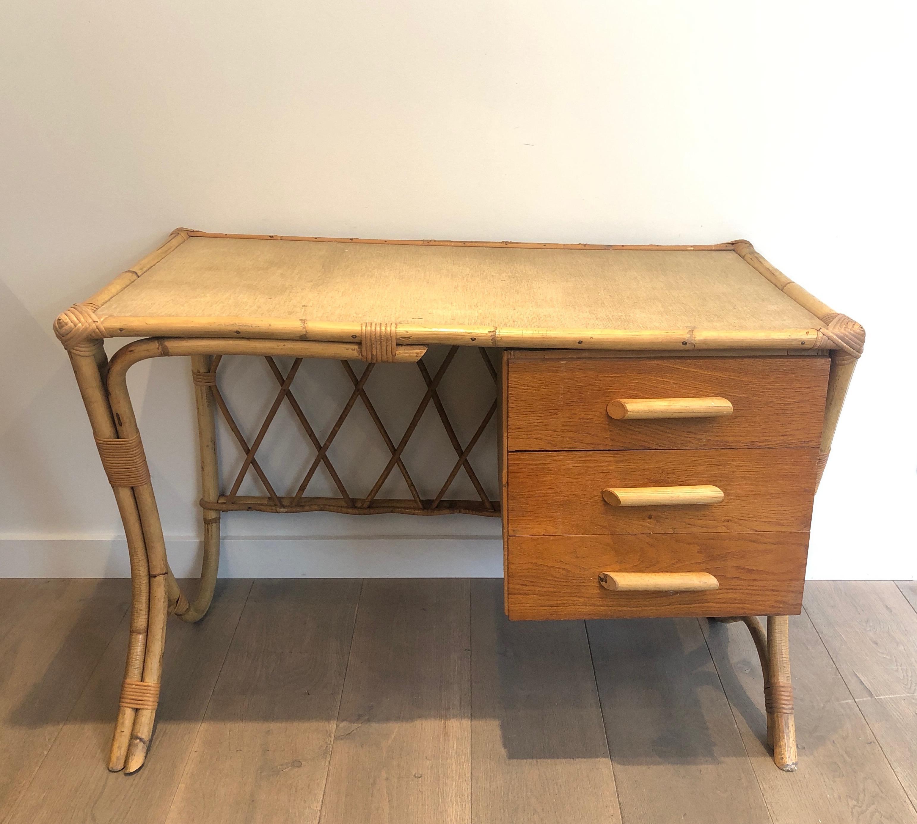 Mid-Century Modern Attributed to Audoux Minet, Rattan Desk, French, Circa 1970