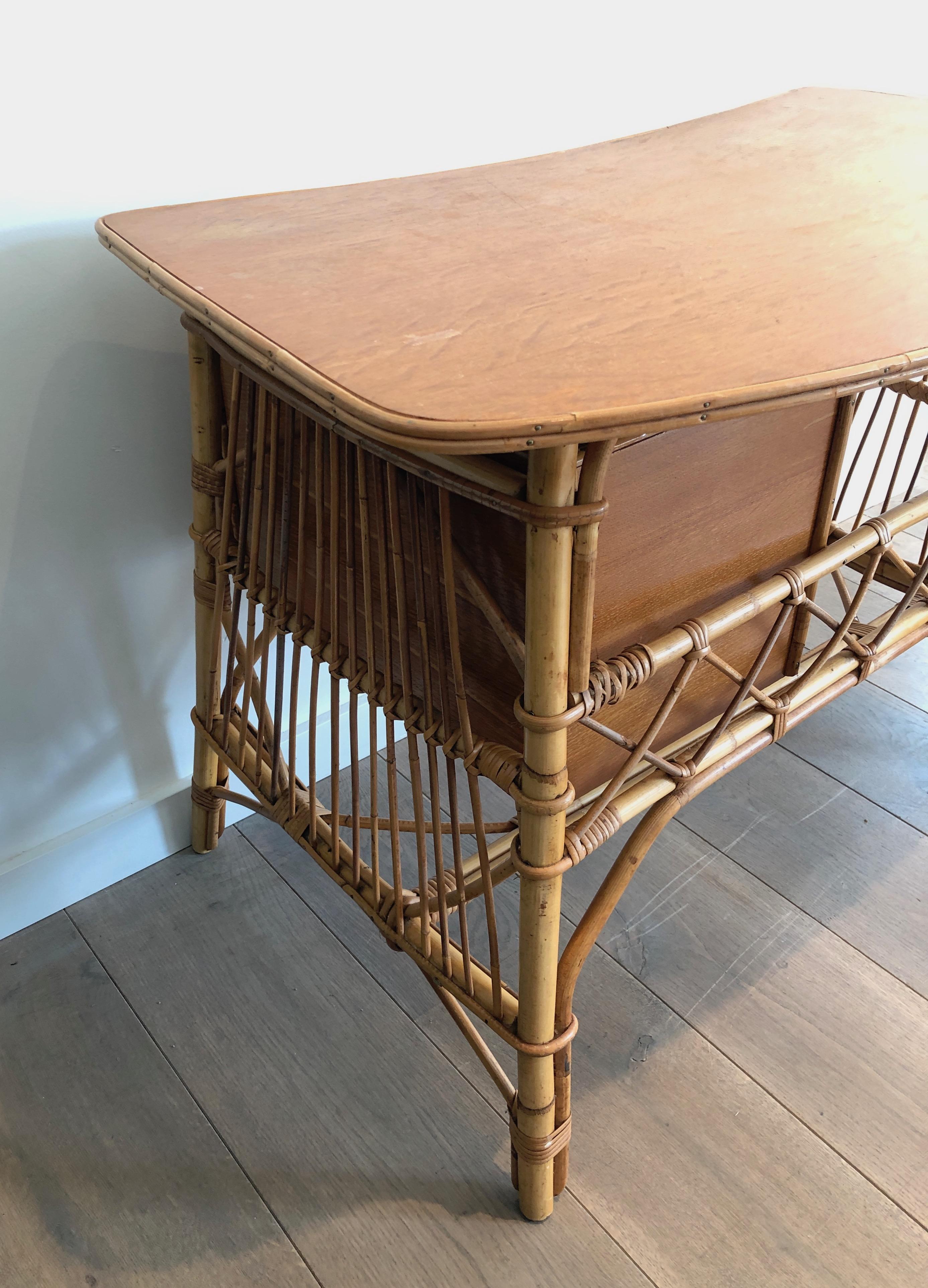 Attributed to Audoux Minet, Rattan Desk with Drawers, French, Circa 1970 For Sale 9