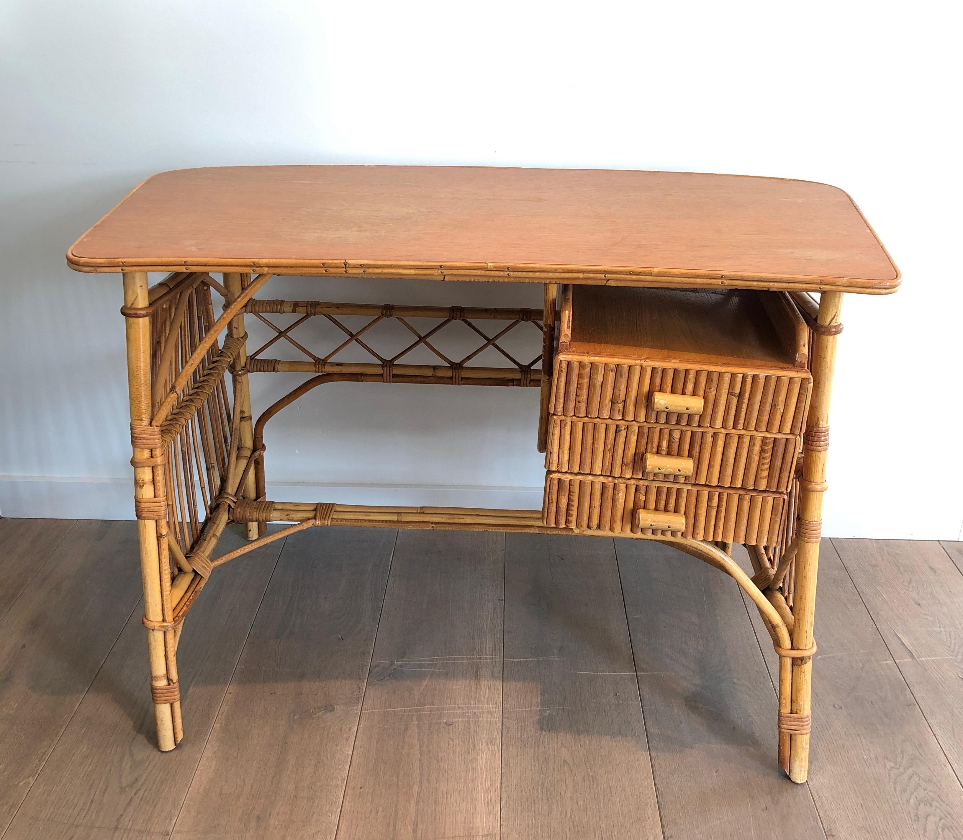 Attributed to Audoux Minet, Rattan Desk with Drawers, French, Circa 1970 For Sale 11