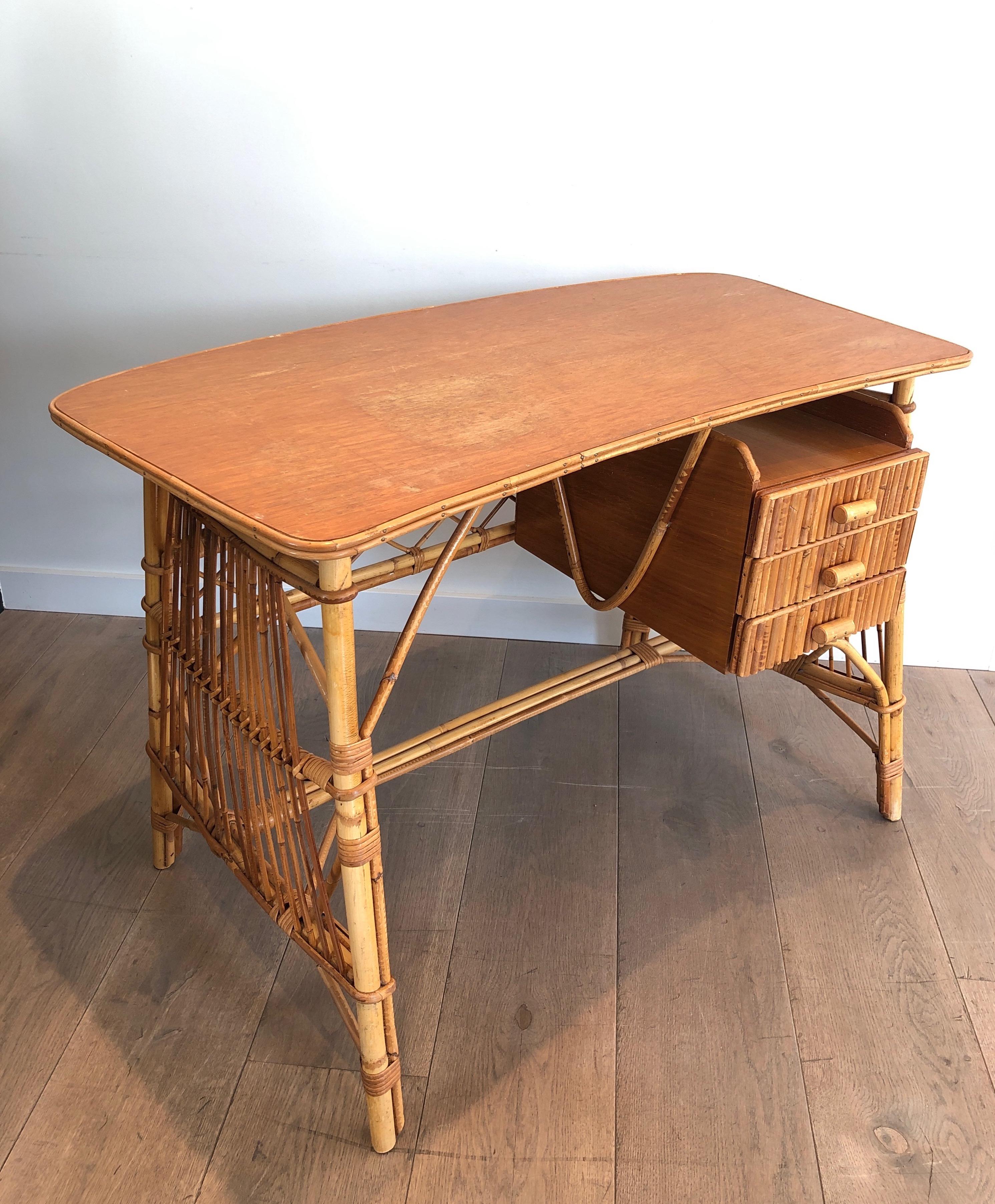 Mid-Century Modern Attributed to Audoux Minet, Rattan Desk with Drawers, French, Circa 1970 For Sale