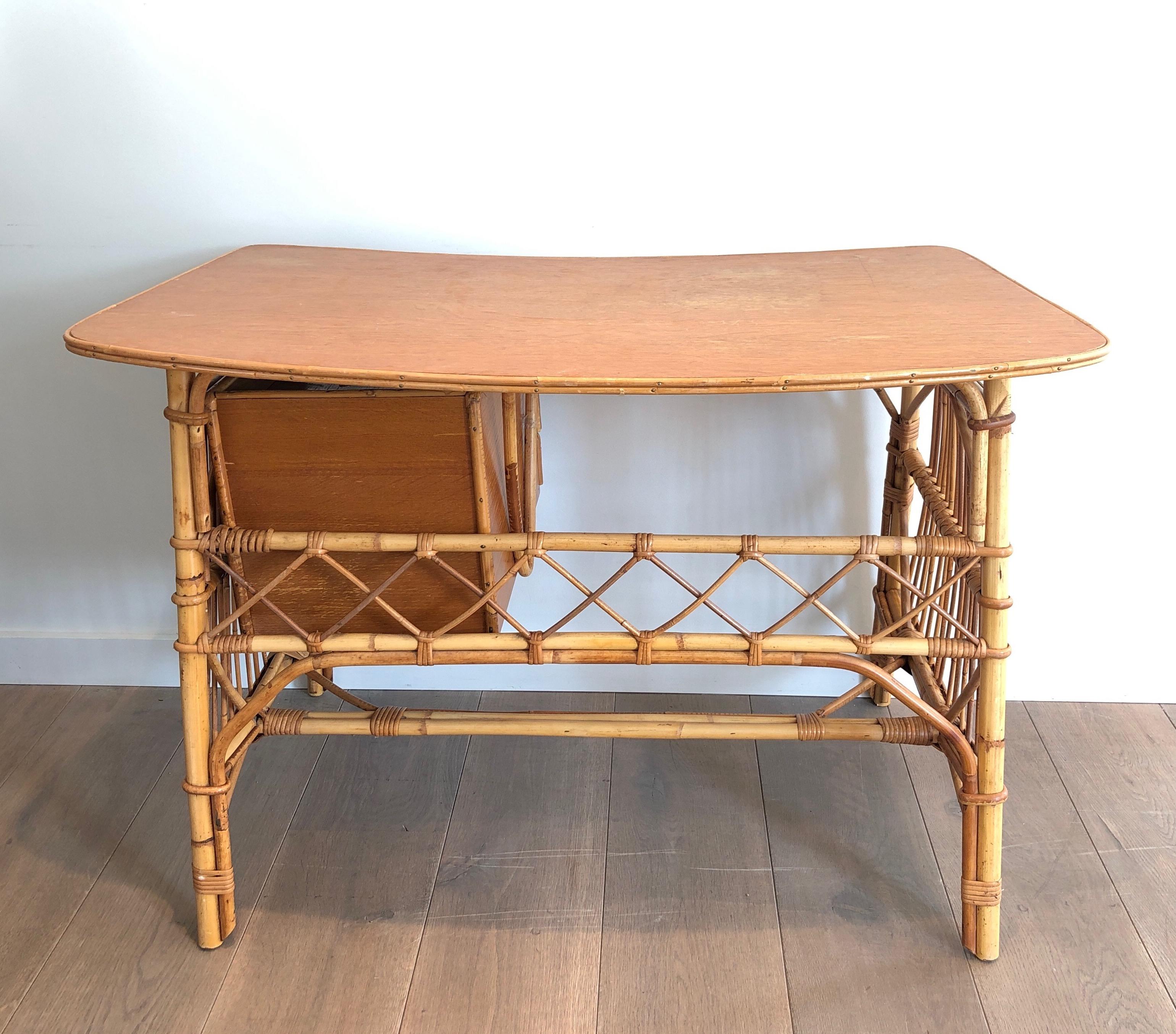 Late 20th Century Attributed to Audoux Minet, Rattan Desk with Drawers, French, Circa 1970 For Sale