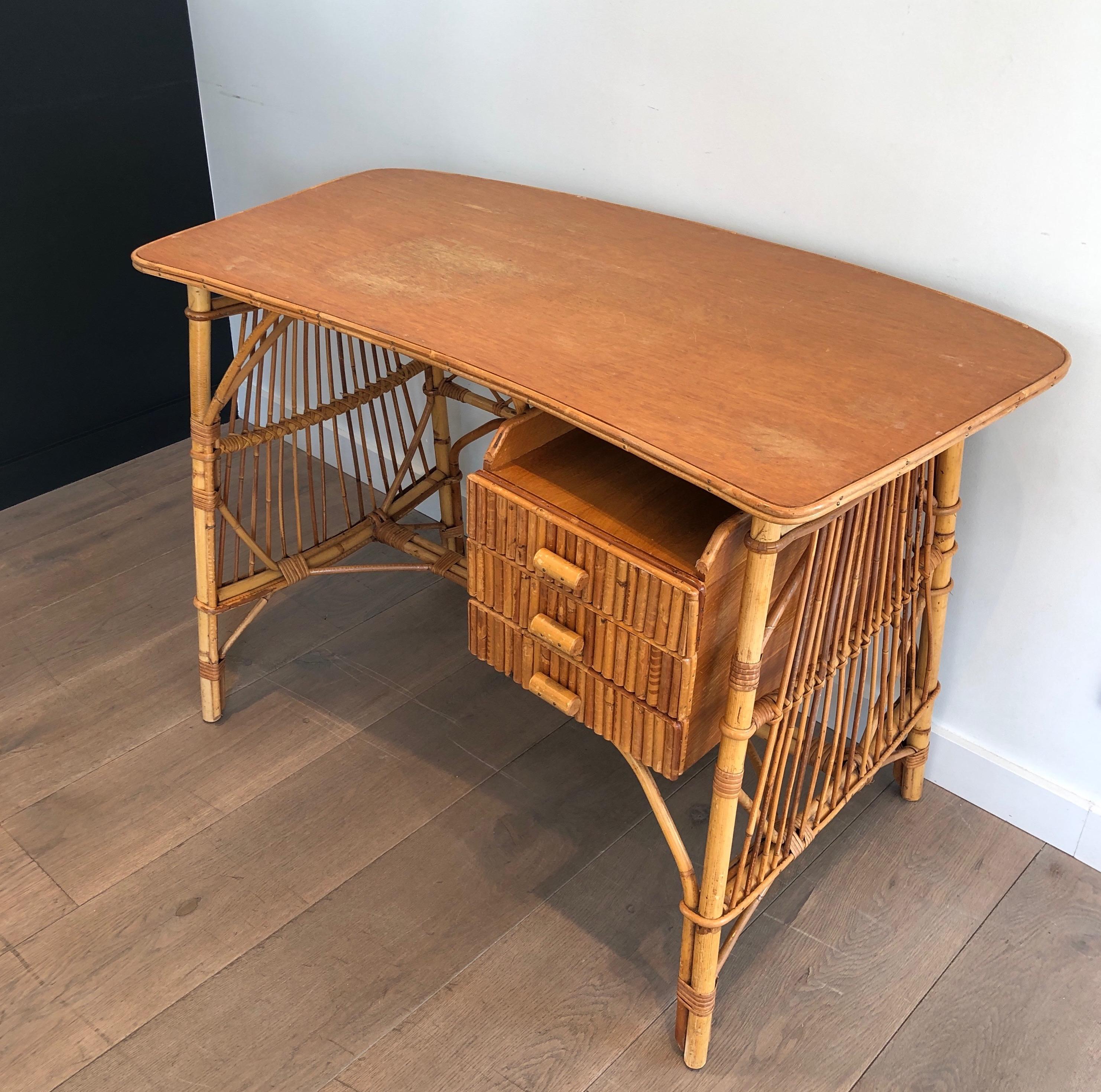 Attributed to Audoux Minet, Rattan Desk with Drawers, French, Circa 1970 For Sale 1