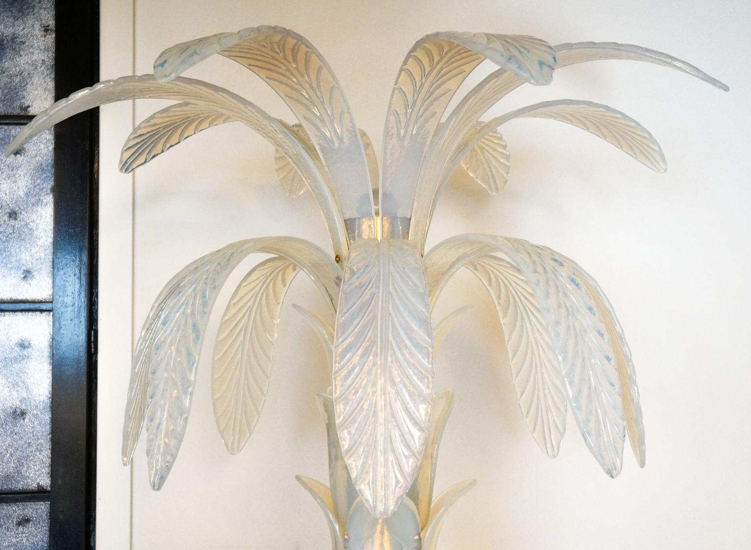 Italian Attributed to Barovier, Opaline Palm Two Murano Glass Floor Lamps, 1990s For Sale