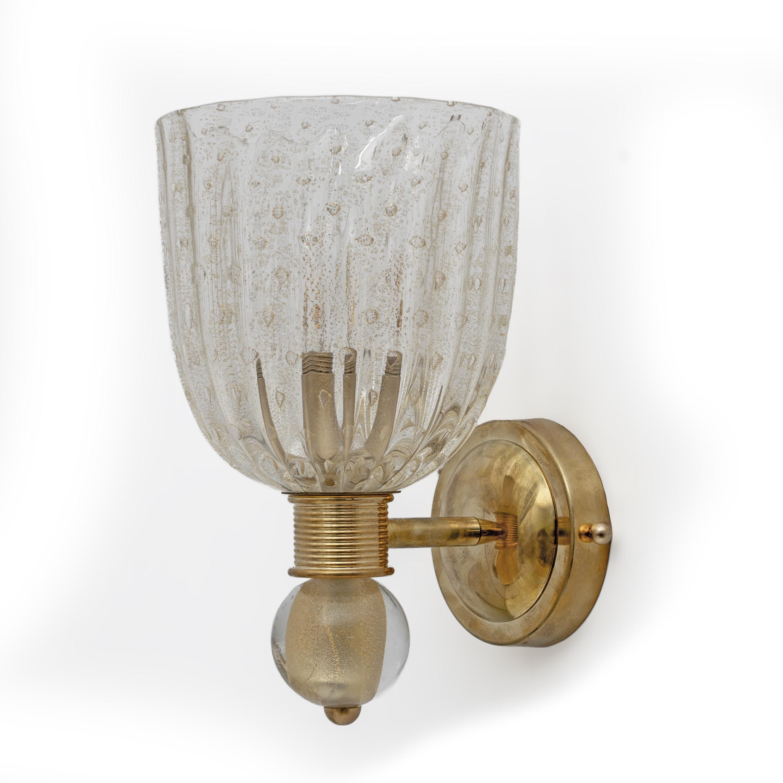 Art Deco Attributed to Barovier & Toso Brass and Pulegoso Murano Glass Sconces, Pair For Sale