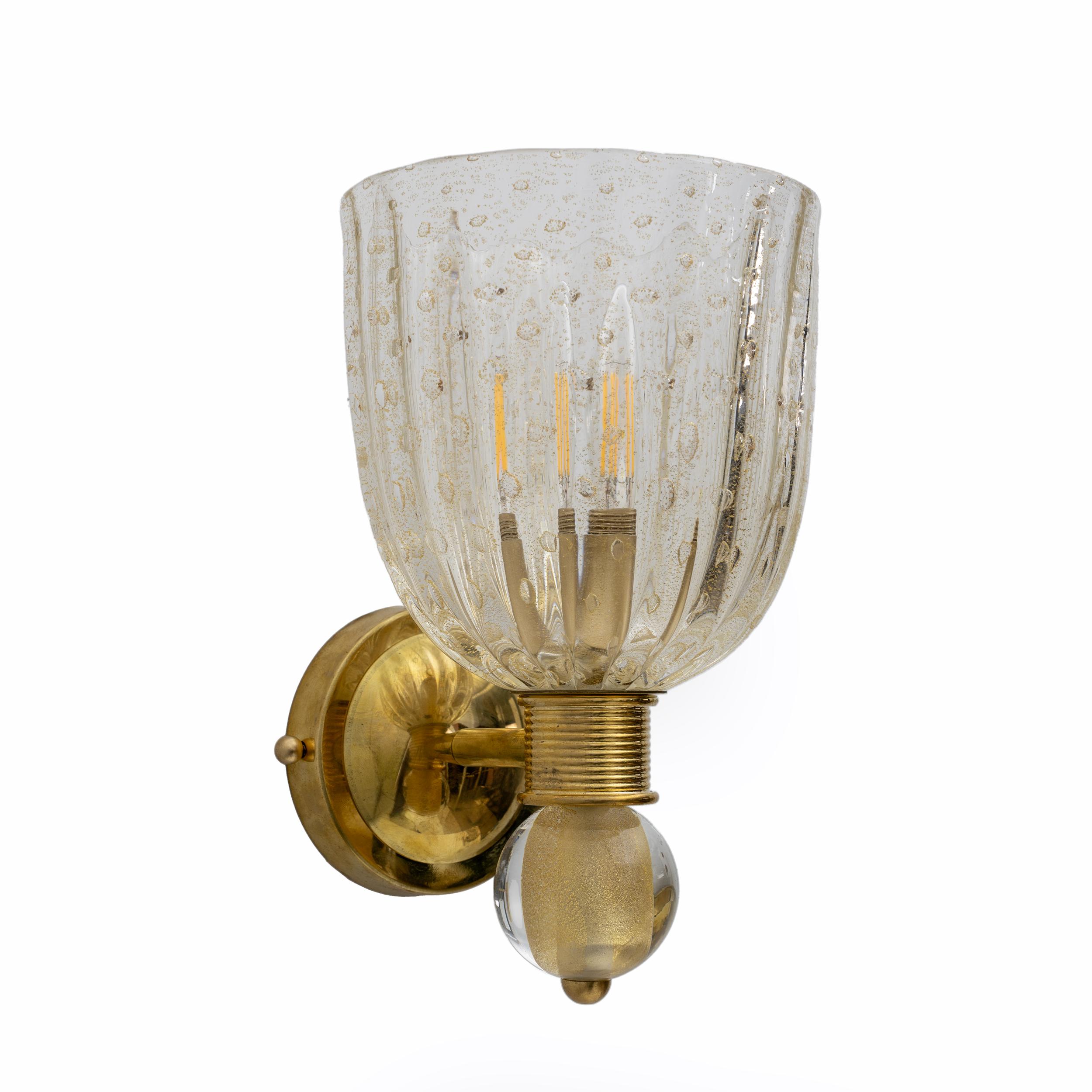 Late 20th Century Attributed to Barovier & Toso Brass and Pulegoso Murano Glass Sconces, Pair For Sale
