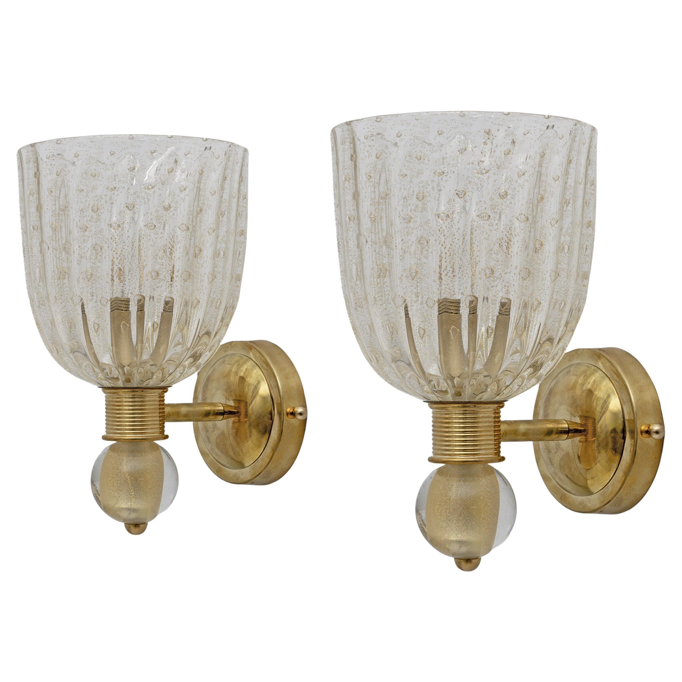 Attributed to Barovier & Toso Brass and Pulegoso Murano Glass Sconces, Pair For Sale