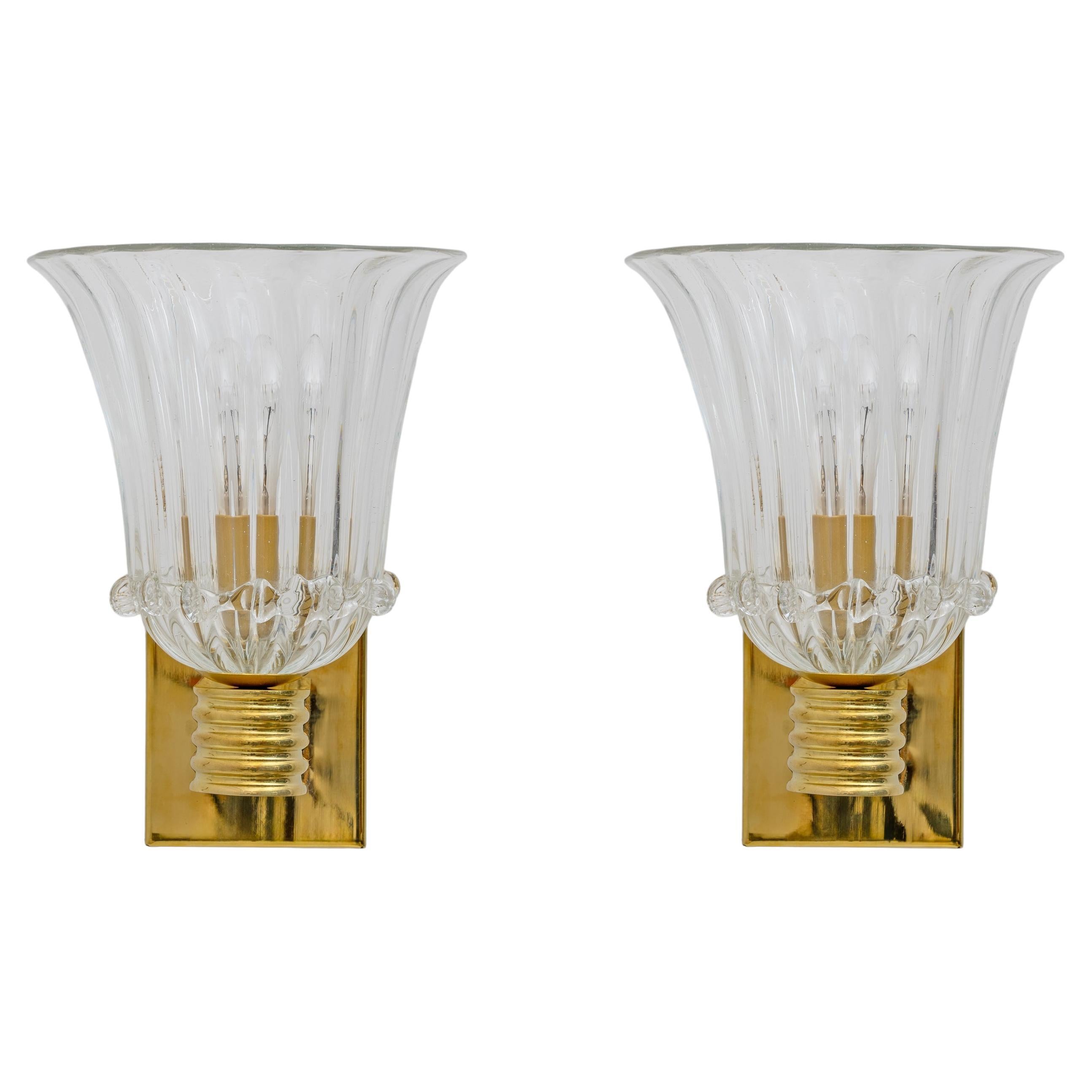 Attributed to Barovier & Toso Brass and Murano Glass Sconces, Pair