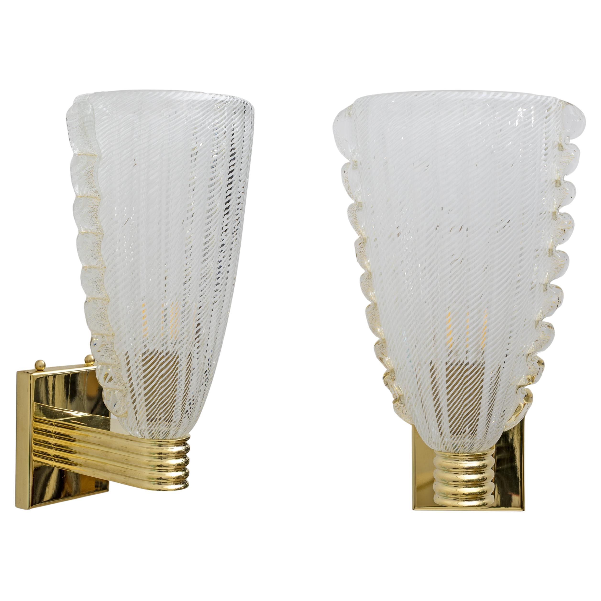 Attributed to Barovier & Toso Brass and "Reticello" Murano Glass Sconces