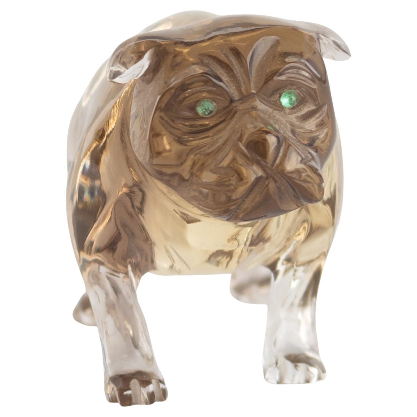 Atribuido a Carl Faberge Bulldog ruso de cuarzo ahumado con ojos de esmeralda incrustados en venta