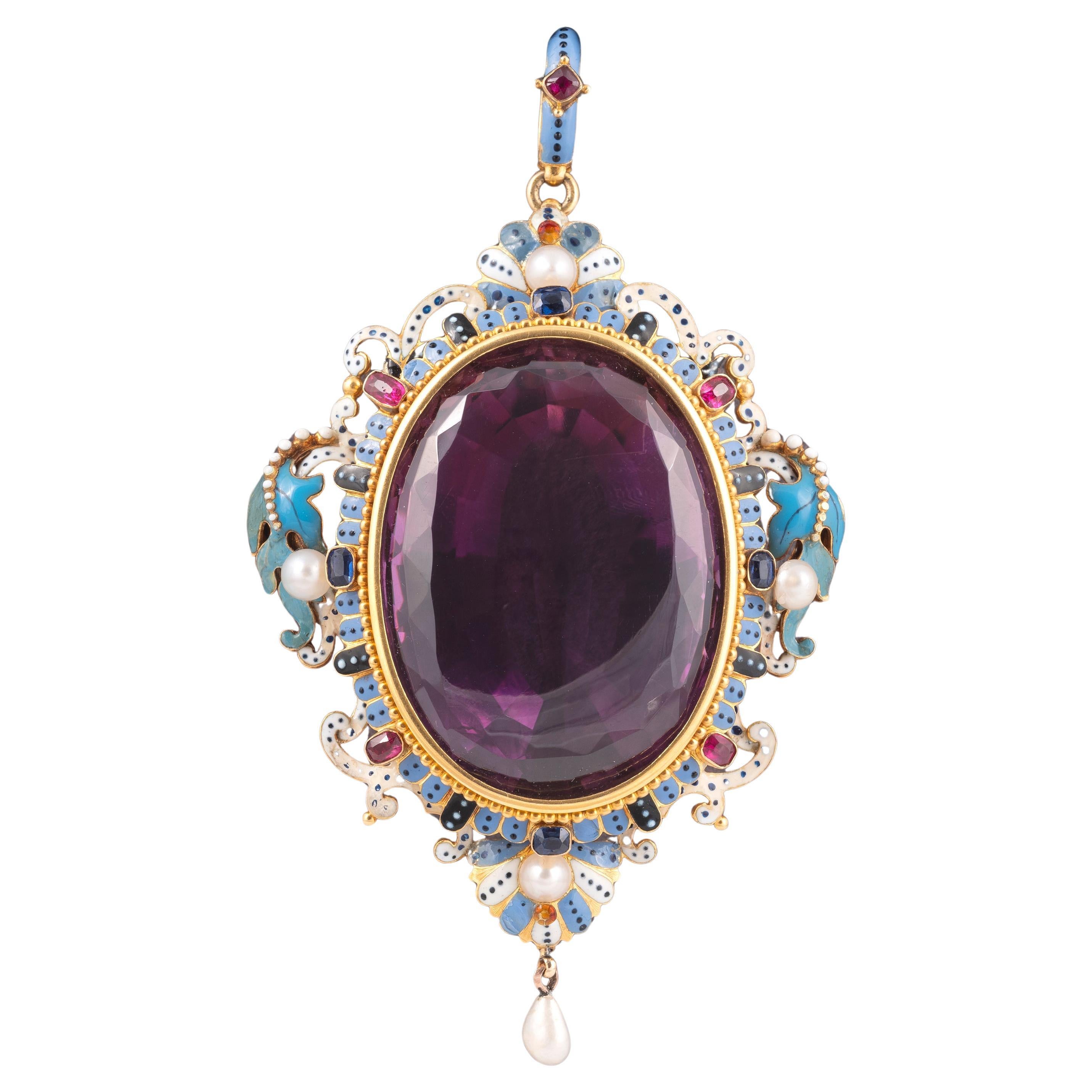 Neo-Renaissance Pendant with Amethyst and Enamels Attributed to Carlo Giuliano