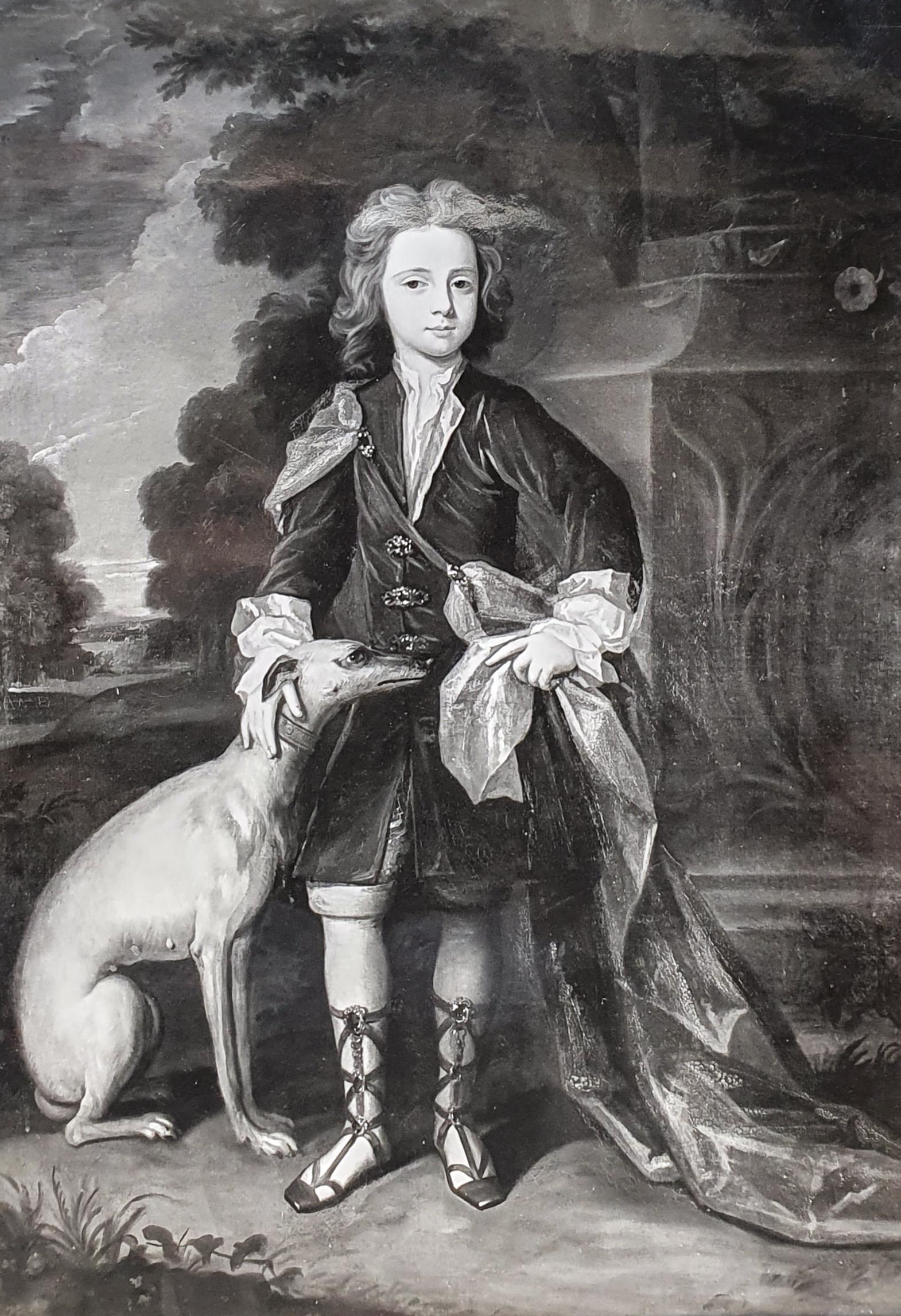 Porträt eines jungen Gentleman, Lord George Douglas, arkadische Landschaft um 1710 im Angebot 3