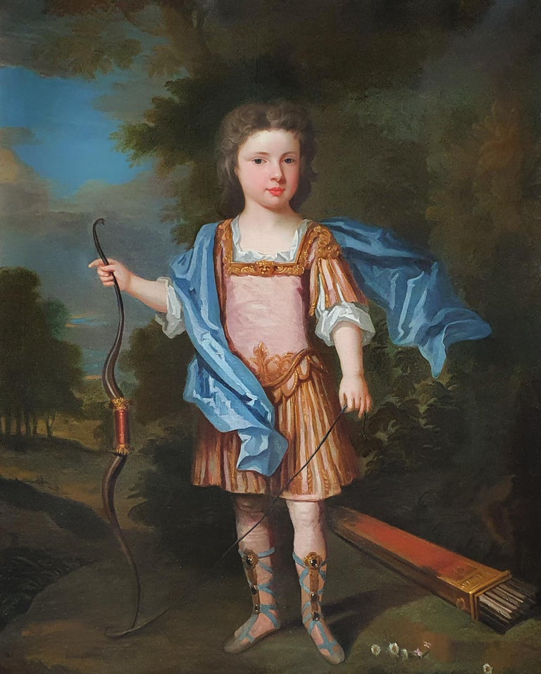 Depicted with bow in hand and situated against an Arcadian backdrop this young gentleman represents a fine example of portraiture at the turn of the 18th century.  Titan Fine Art are pleased to present this striking grand-scale painting.  The
