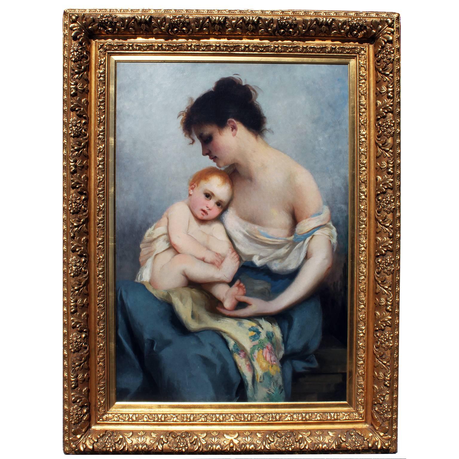 Attributed to Charles Edward Hallé "Mother and Child" Oil on Canvas